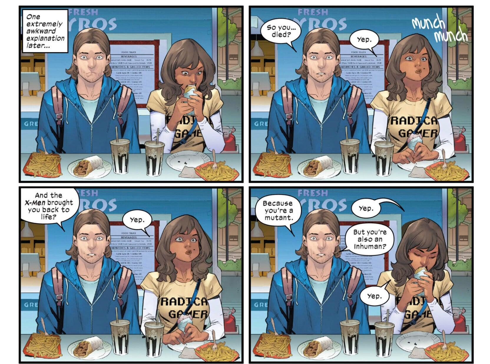 Kamala Khan recaps her recent life events to Bruno in Ms. Marvel: The New Mutant Vol. 1 #1 "The New Normal" (2023), Marvel Comics. Words by Iman Vellani and Sabir Pirzada, art by Carlos Gómez, Adam Gorham, Erick Arciniega, and Joe Caramagna.