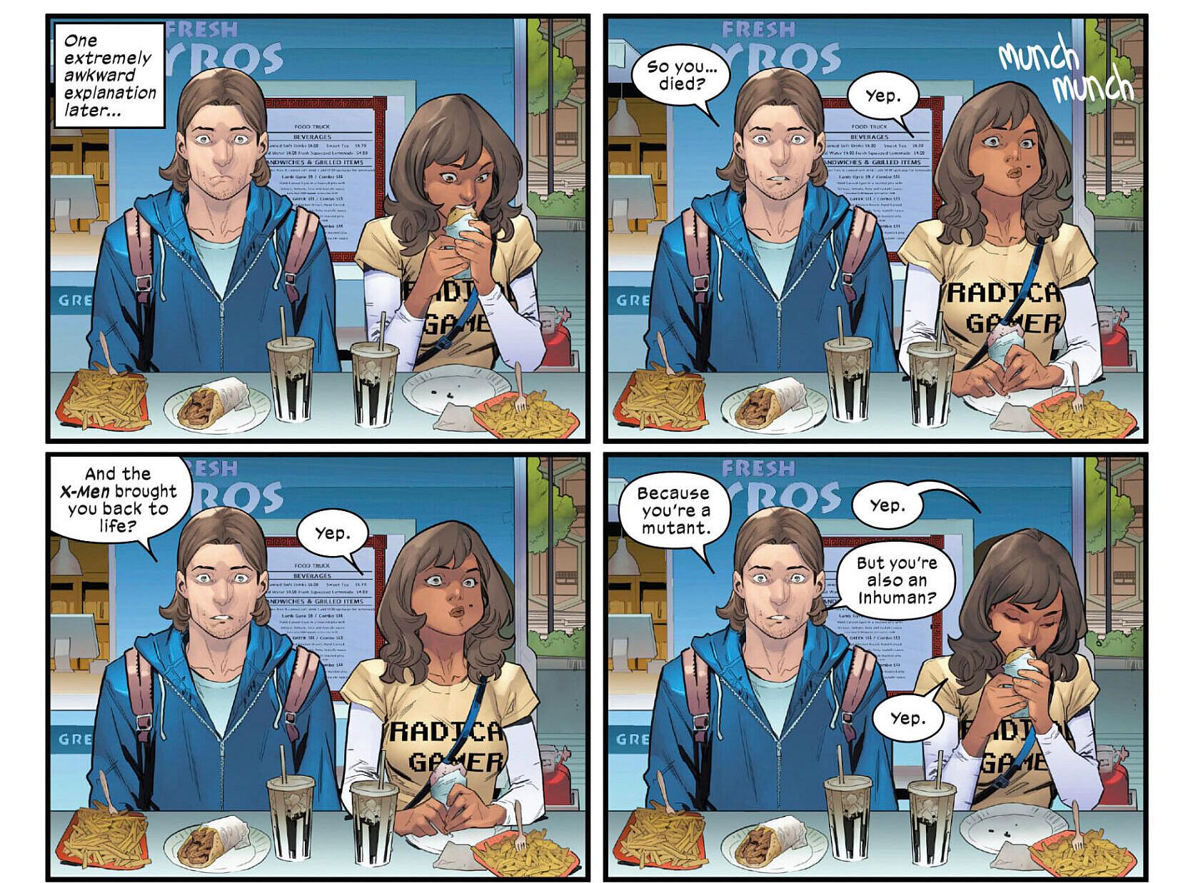 Kamala Khan recaps her recent life events to Bruno in Ms. Marvel: The New Mutant Vol. 1 #1 (2023)
