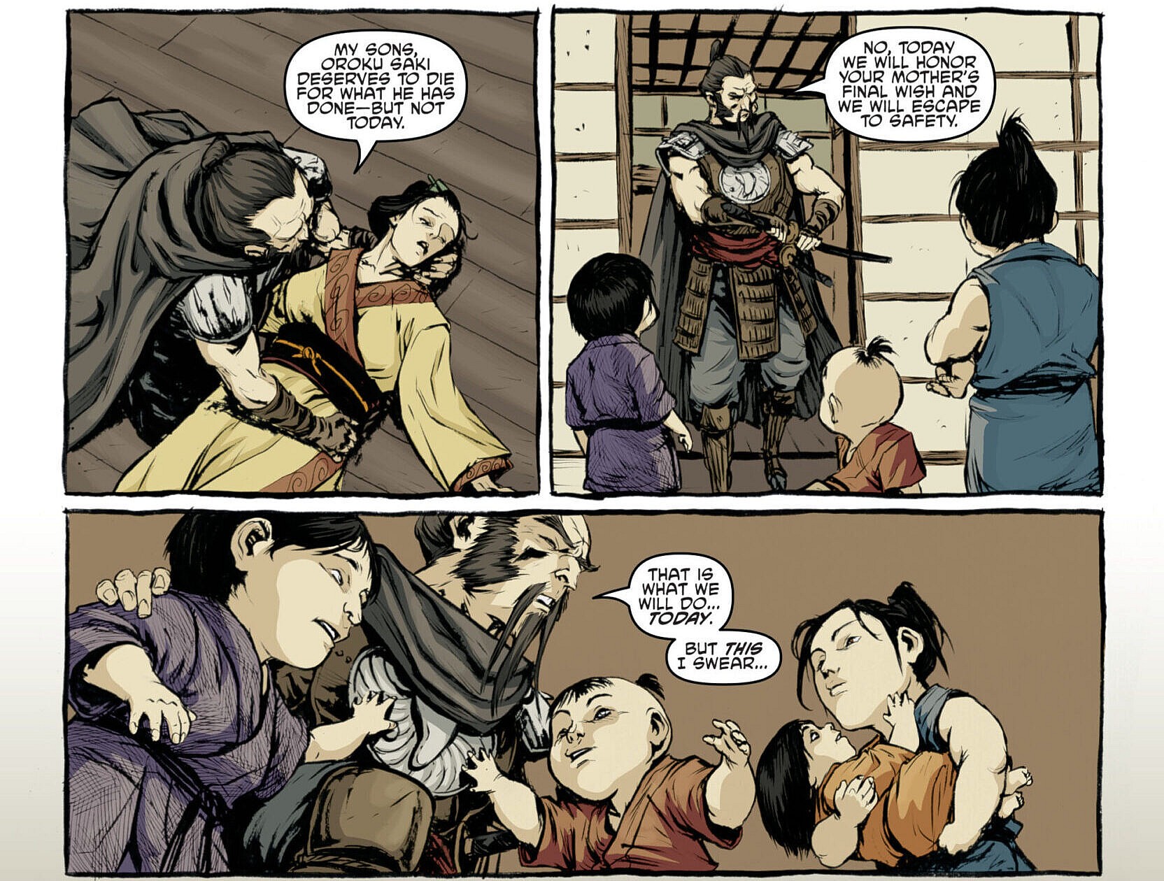 Hamato Yoshi and his sons live to fight another day in Teenage Mutant Ninja Turtles Vol. 1 #5 "Enemies Old, Enemies New: Prologue" (2011), IDW. Words by Kevin Eastman and Tom Waltz, art by Dan Duncan, Mateus Santolouco, Ronda Pattison, and Shawn Lee.