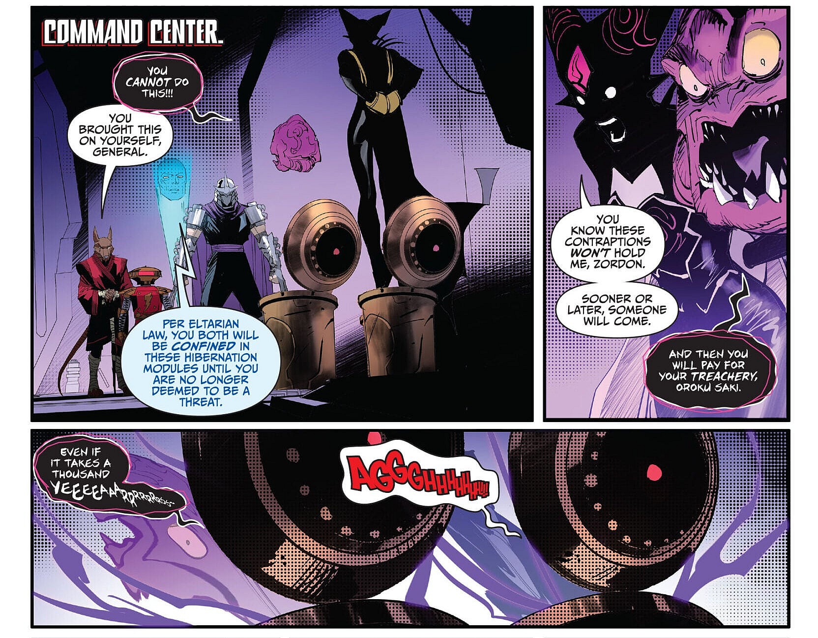 Mistress Vile and Krang are sealed away by Zordon in Mighty Morphin Power Rangers/Teenage Mutant Ninja Turtles II Vol. 1 #5 (2023), BOOM! Studios/IDW Publishing. Words by Ryan Parrott, art by Dan Mora, Raul Angulo, and Ed Dukeshire.