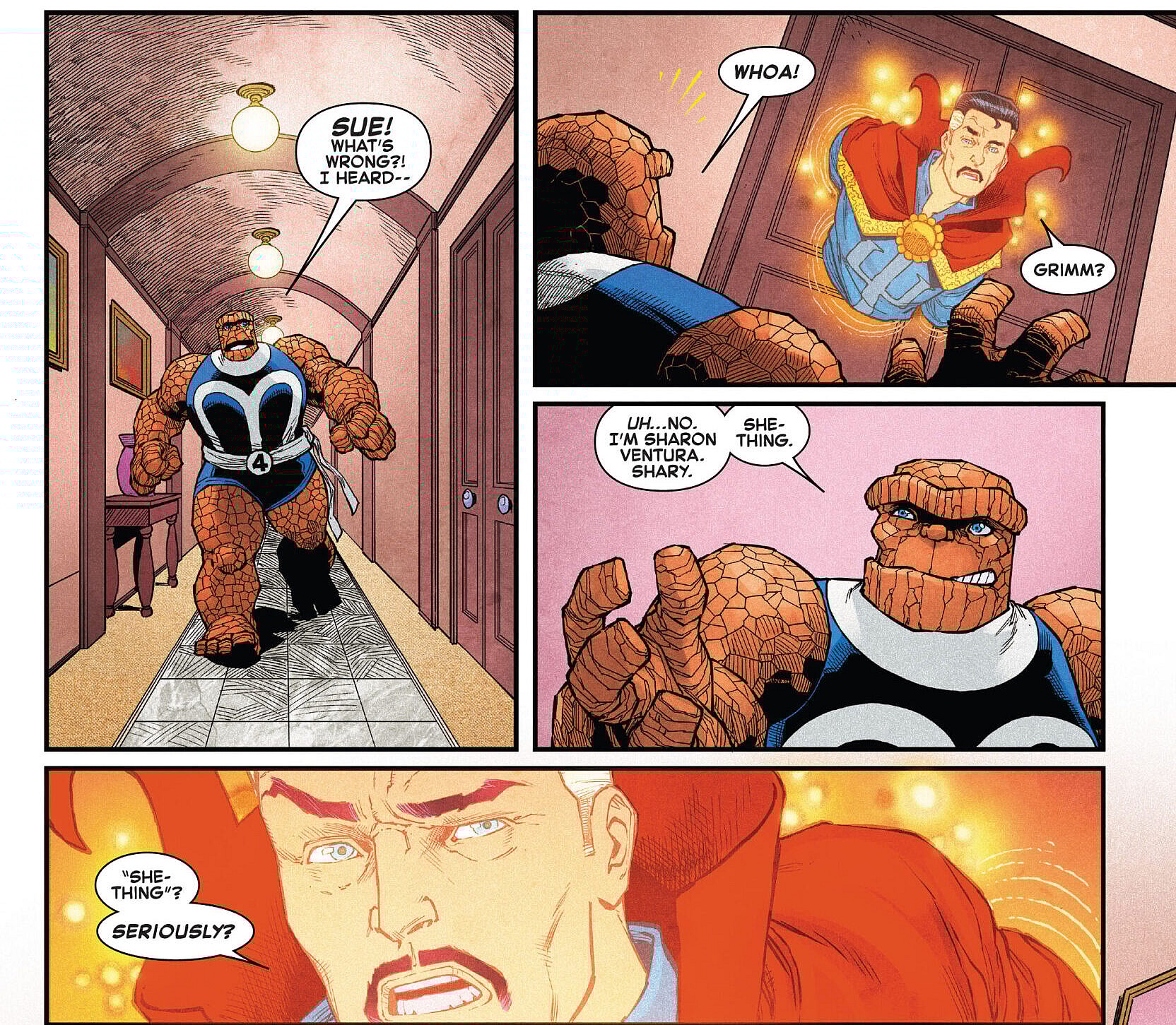 Doctor Strange meets She-Thing for the first time in New Fantastic Four Vol. 1 #3 "Hell in a Handbasket Part 3" (2022), Marvel Comics. Words by Peter David, art by Alan Robinson, Mike Spicer, and Joe Caramagna.