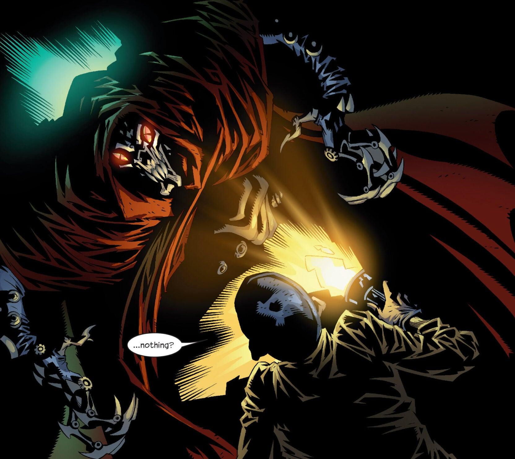Nisanti rises in The Hood Vol. 1 #1 "Blood From Stones Chapter 1" (2002), Marvel Comics. Words by Brian K. Vaughan, art by Kyle Hotz, Eric Powell, Brian Haberlin, and Randy Gentile.