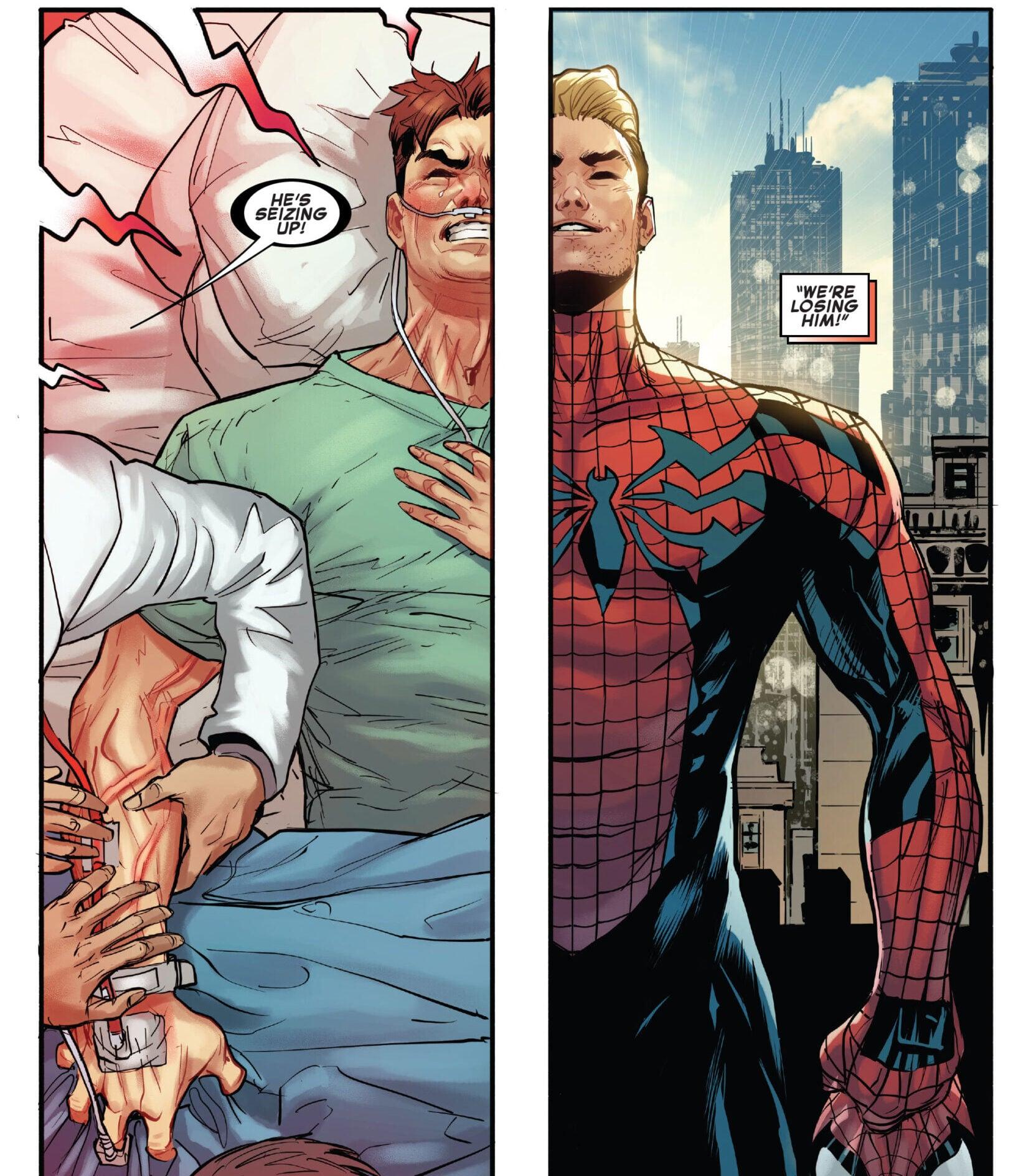 Peter Parker fights for his life while Ben Reilly enjoys his return to the webs in Amazing Spider-Man Vol. 5 #76 (2021), Marvel Comics. Words by Zeb Wells, art by Patrick Gleason, Marcio Menyz, and Joe Caramagna.