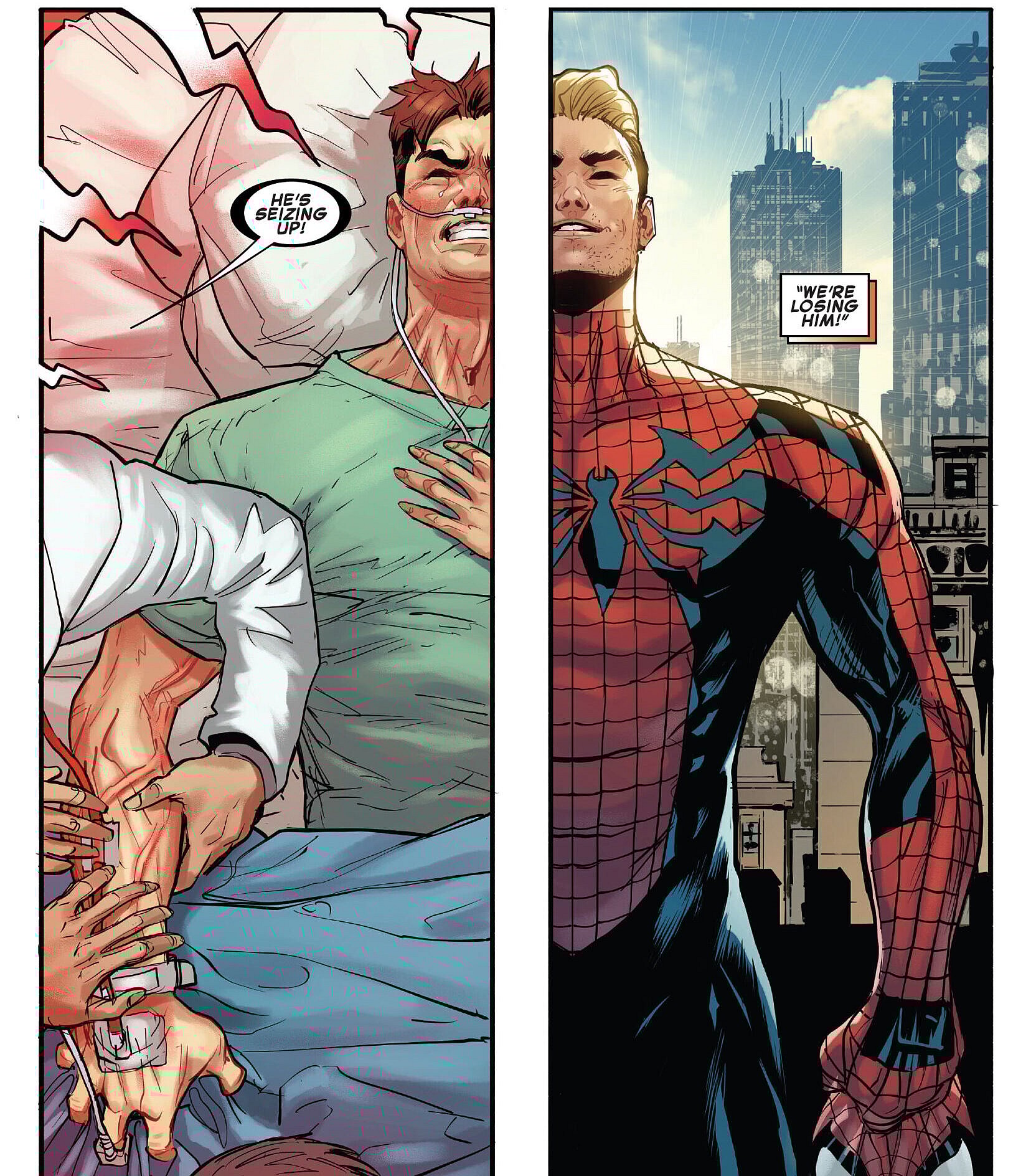 Peter Parker fights for his life while Ben Reilly enjoys his return to the webs in Amazing Spider-Man Vol. 5 #76 (2021), Marvel Comics. Words by Zeb Wells, art by Patrick Gleason, Marcio Menyz, and Joe Caramagna.