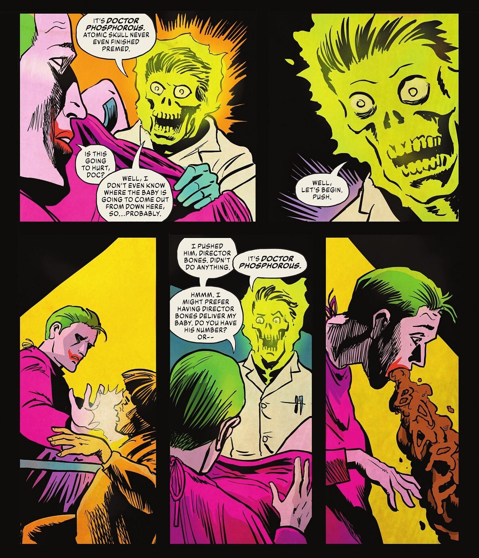 The Joker 'gives birth' in The Man Who Stopped Laughing Vol. 1 #4 "Knocked Upside Down!" (2023), DC Comics. Words by Matthew Rosenberg, art by Francesco Francavilla.