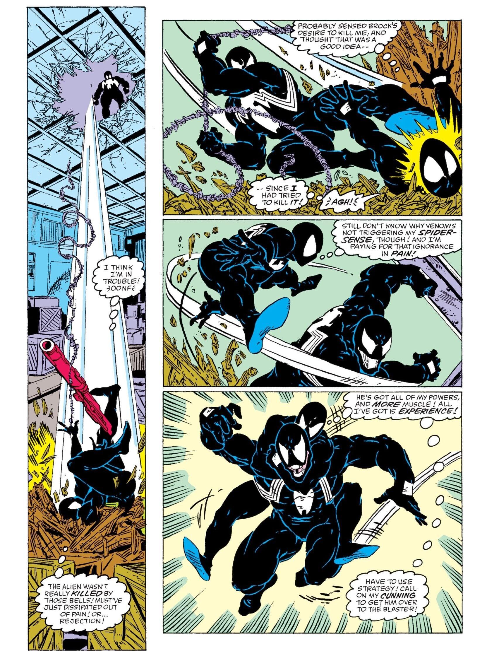 Spider-Man and Venom grapple for the first time in Amazing Spider-Man Vol. 1 #300 "Venom" (1988), Marvel Comics. Words by David Michelinie, art by Todd McFarlane, Bob McLeod, Bob Sharen, and Rick Parker.