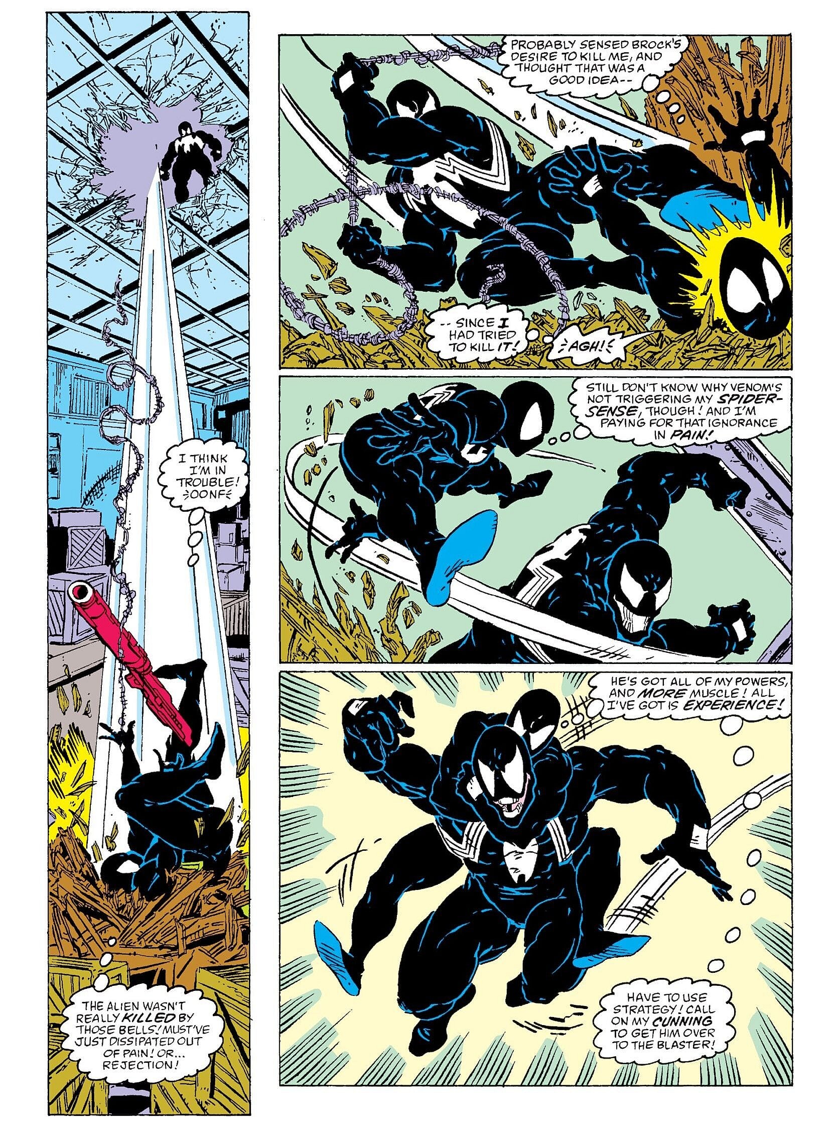 Spider-Man and Venom grapple for the first time in Amazing Spider-Man Vol. 1 #300 "Venom" (1988), Marvel Comics. Words by David Michelinie, art by Todd McFarlane, Bob McLeod, Bob Sharen, and Rick Parker.