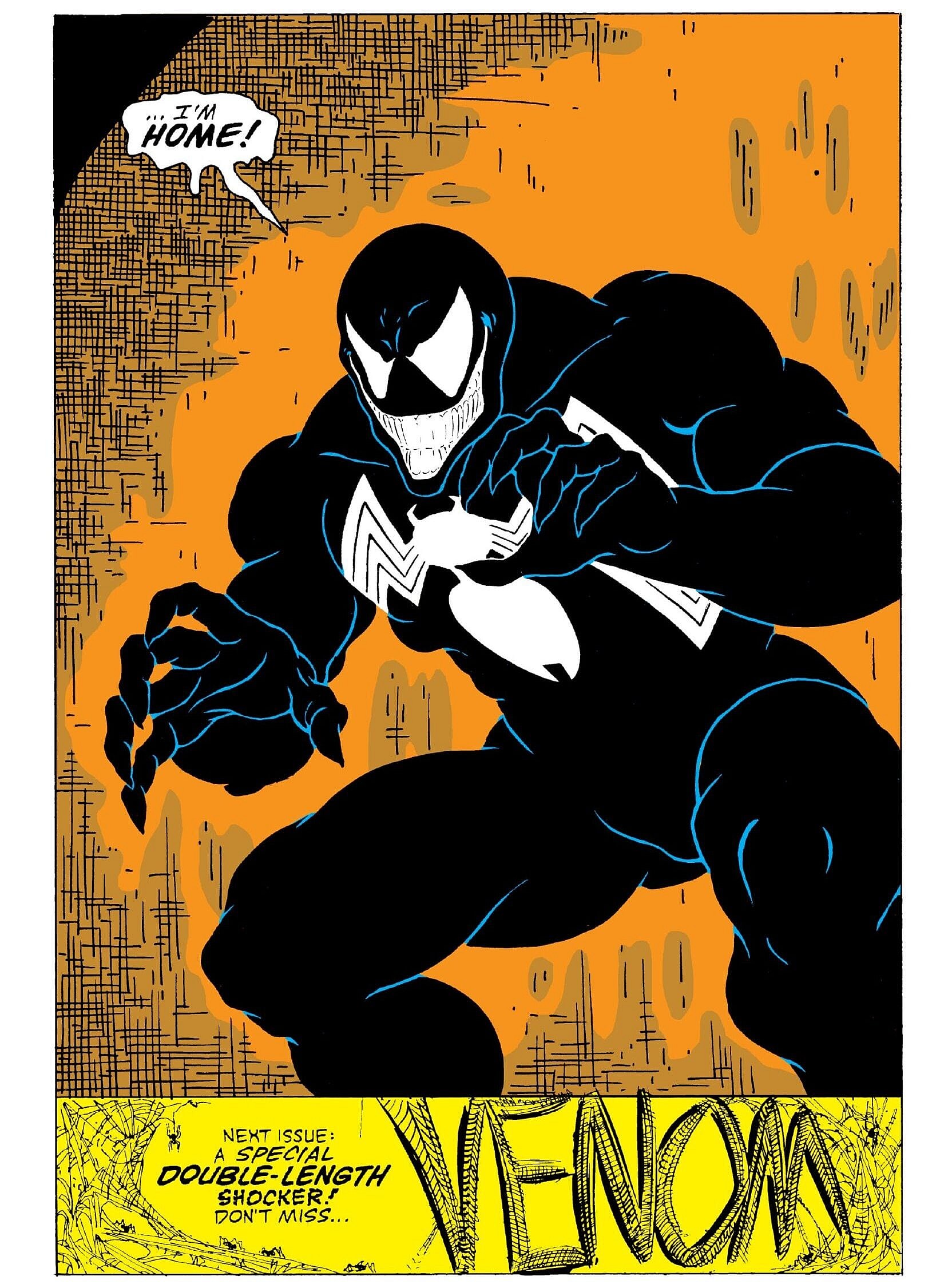 Venom makes his debut in Amazing Spider-Man Vol. 1 #299 "Survival of the Hittist!" (1987), Marvel Comics. Words by David Michelinie, art by Todd McFarlane, Bob McLeod, Bob Sharen, and Rick Parker.