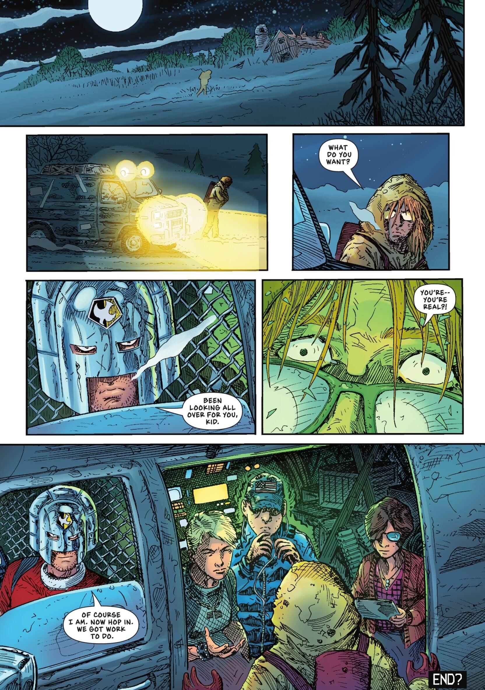 Peacemaker signs off Keith Giffen's final published comic book page in Inferior Five Vol. 2 #6 "Inferior Five" (2021), DC. Words by Keith Giffen and Jeff Lemire, art by Scott Kolins, Hi-Fi Design, and Rob Leigh.