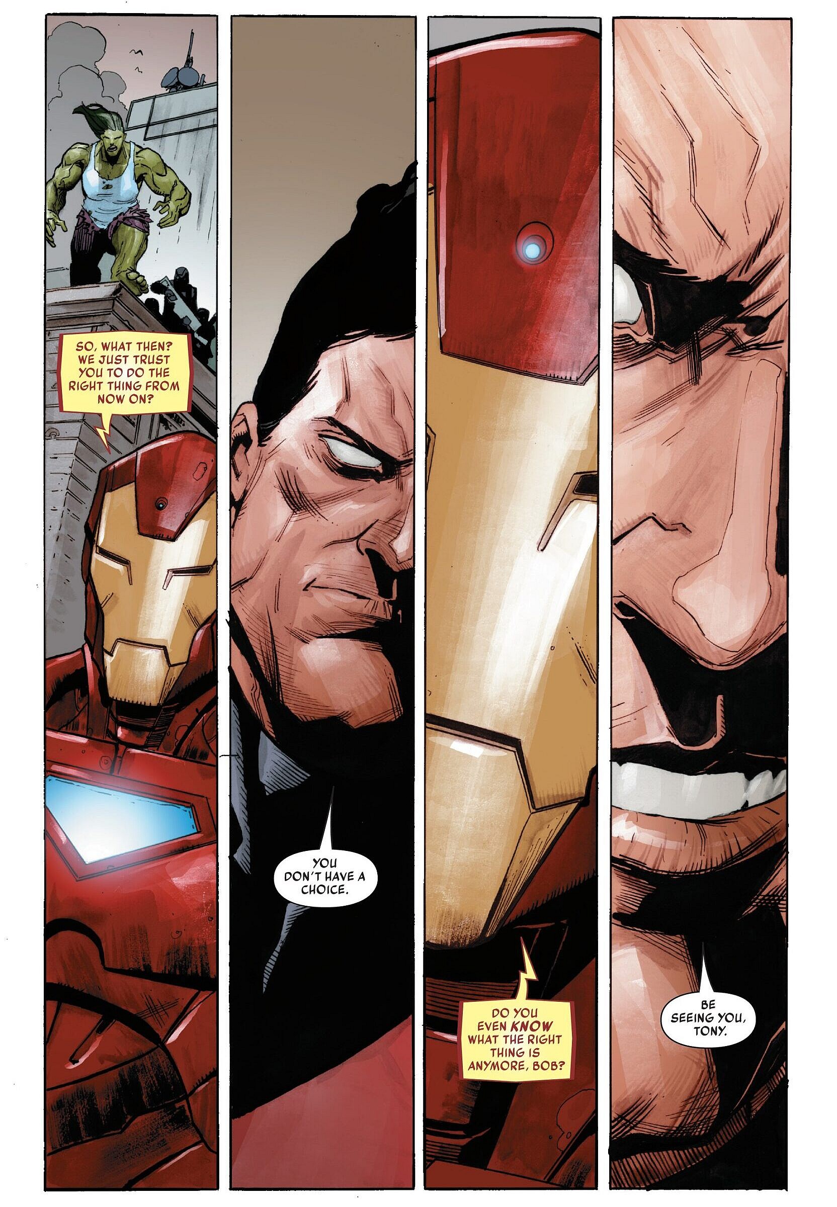 The Sentry shrugs off Iron Man's attempt to control him in Sentry Vol. 3 #5 "Sentry World: Part 5 of 5" (2018), Marvel Comics. Words by Jeff Lemire, art by Kim Jacinto, Joshua Cassara, Rain Beredo, and Travis Lanham.