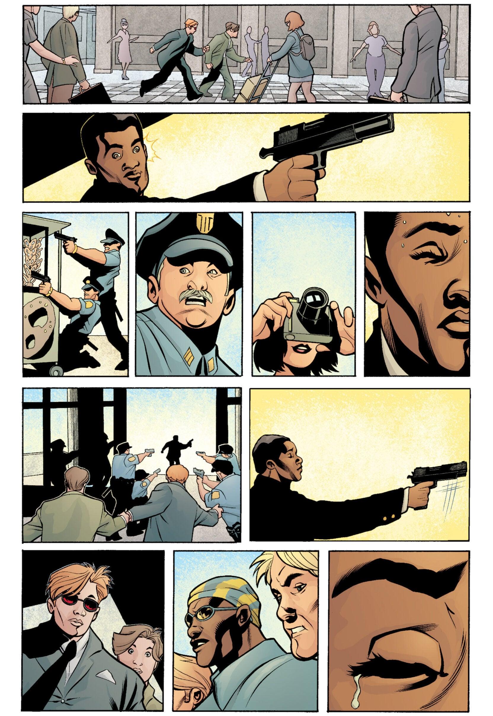 Hector Ayala accepts his fate in Daredevil Vol. 2 #38 "The Trial of the Century, Part 1" (2002), Marvel Comics. Words by Brian Michael Bendis, art by Terry Dodson, Rachel Dodson, Matt Hollingsworth, and Richard Starkings.