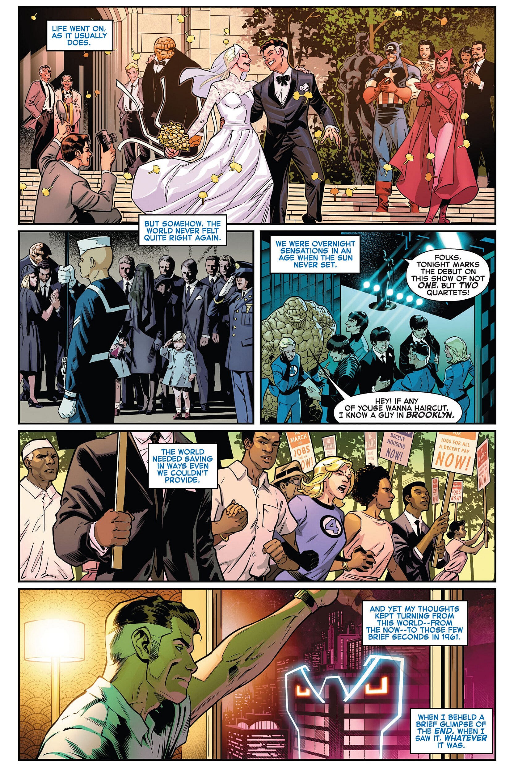 Sue Storm marches for Civil Rights via Fantastic Four: Life Story Vol. 1 #1 "The '60s" (2021), Marvel Comics. Words by Mark Russell, art by Sean Izaakse, Nolan Woodard, and Joe Caramagna.