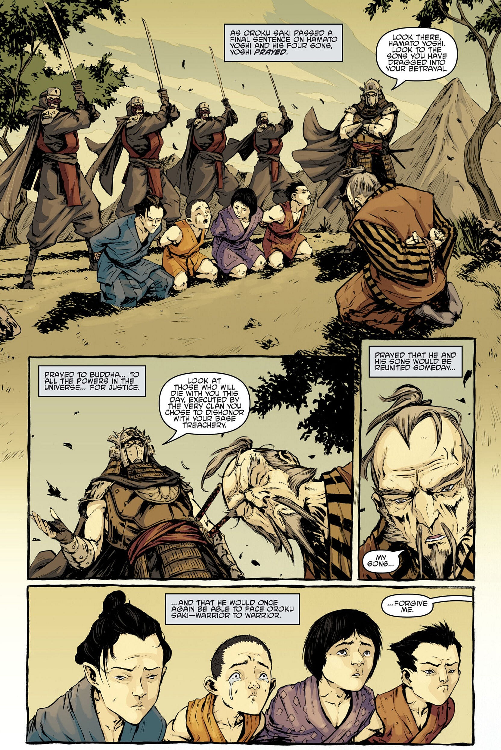 Shredder takes his revenge upon Hamato Yoshi in Teenage Mutant Ninja Turtles Vol. 1 #5 "Enemies Old, Enemies New: Prologue" (2011), IDW. Words by Kevin Eastman and Tom Waltz, art by Dan Duncan, Mateus Santolouco, Ronda Pattison, and Shawn Lee.