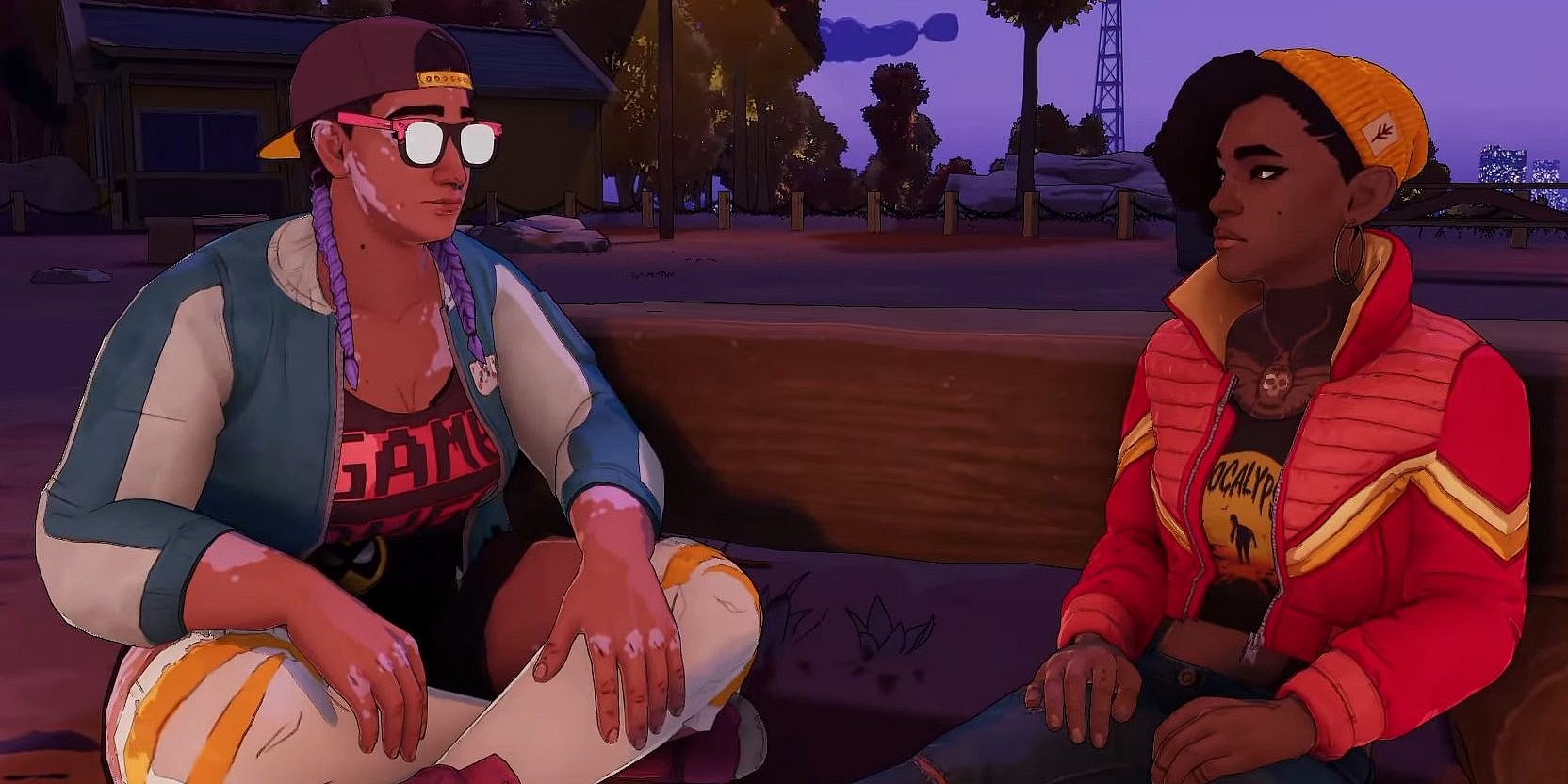 Sai (Safiyya Inga) and Pax (Dominique Tipper) have a fireside chat in Dustborn (2024), Red Thread Games