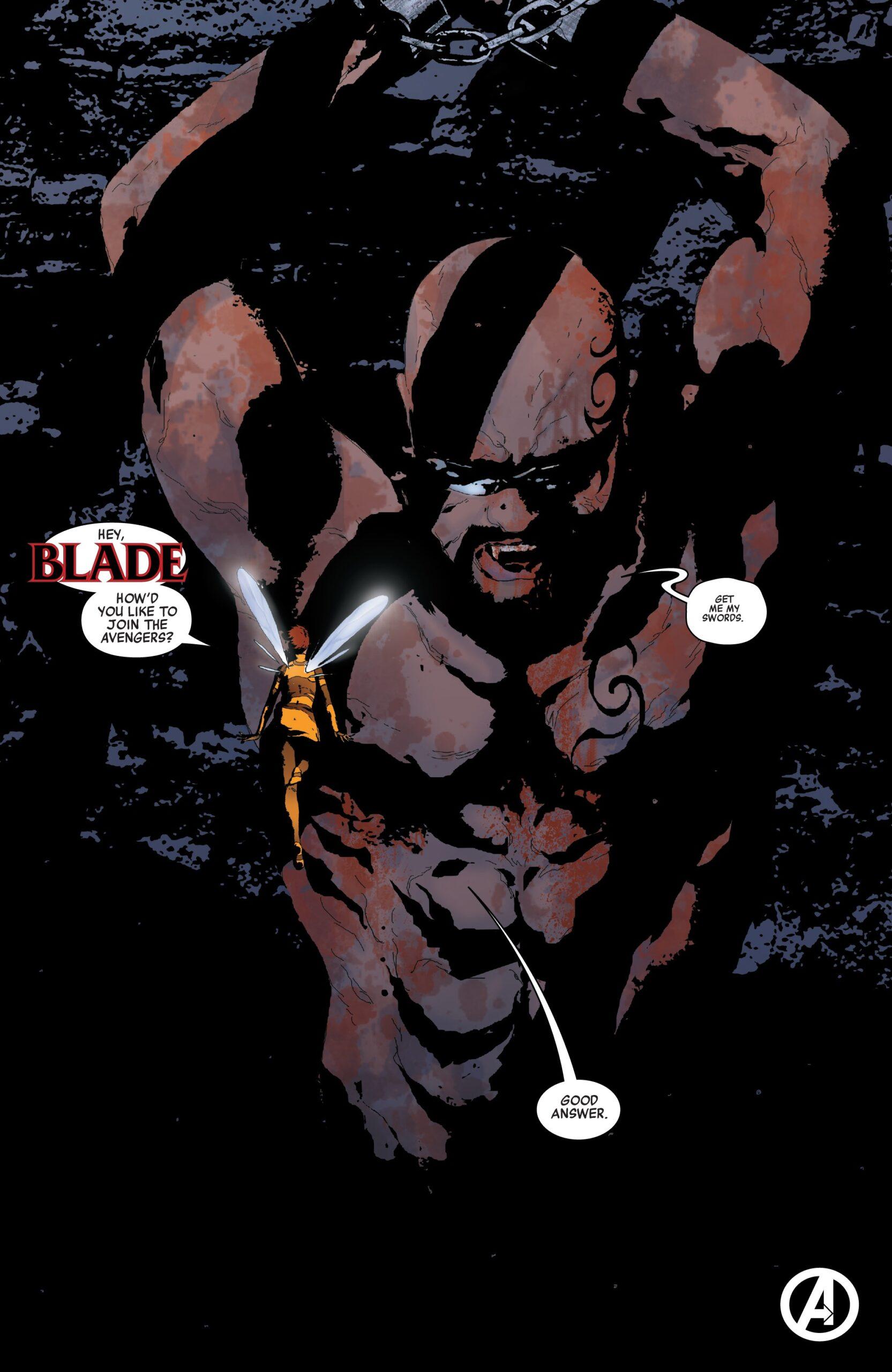 The Wasp has an offer for Blade in Avengers Vol. 8 #10 "The Battle for the Right to be Called..Earth's Mightiest" (2018), Marvel Comics. Words by Jason Aaron, art by Andrea Sorrentino and Cory Petit.