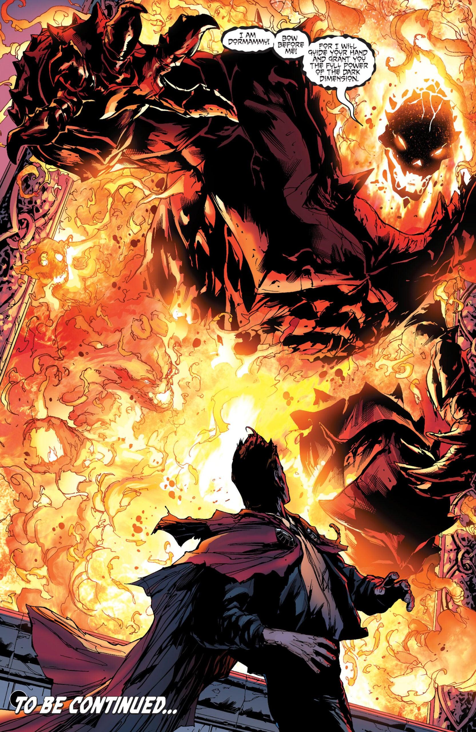 Dormammu reveals himself in New AvengersVol. 1 #46 "Secret Invasion (Part 7)" (2008), Marvel Comics. Words by Brian Michael Bendis, art by Billy Tan, Matt Banning, Justin Ponsor, Richard Starkings, and Albert Deschesne.
