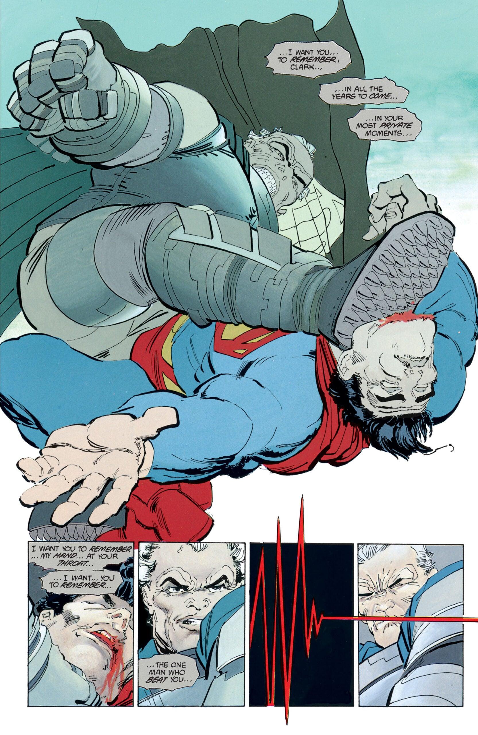 Batman beats Superman in Batman: The Dark Knight Returns Vol. 1 #4 "The Dark Knight Falls" (1986), DC Comics. Words and art by Frank Miller.
