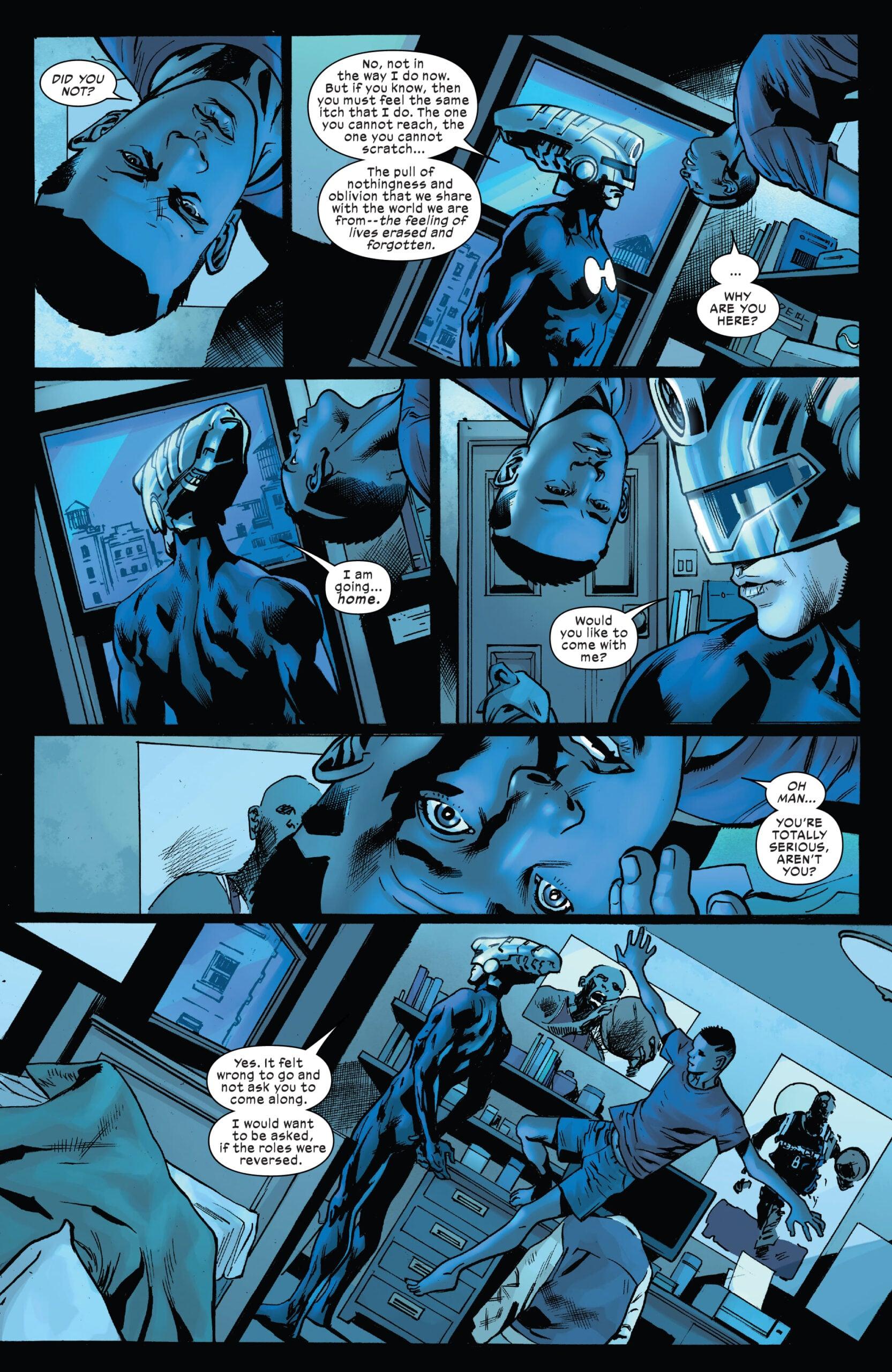 The Maker has an offer for Miles Morales in Ultimate Invasion Vol. 1 #1 "Chapter One: Good Artists Copy" (2023), Marvel Comics. Words by Jonathan Hickman, art by Bryan Hitch, Andrew Currie, Alex Sinclair, and Joe Caramagna.