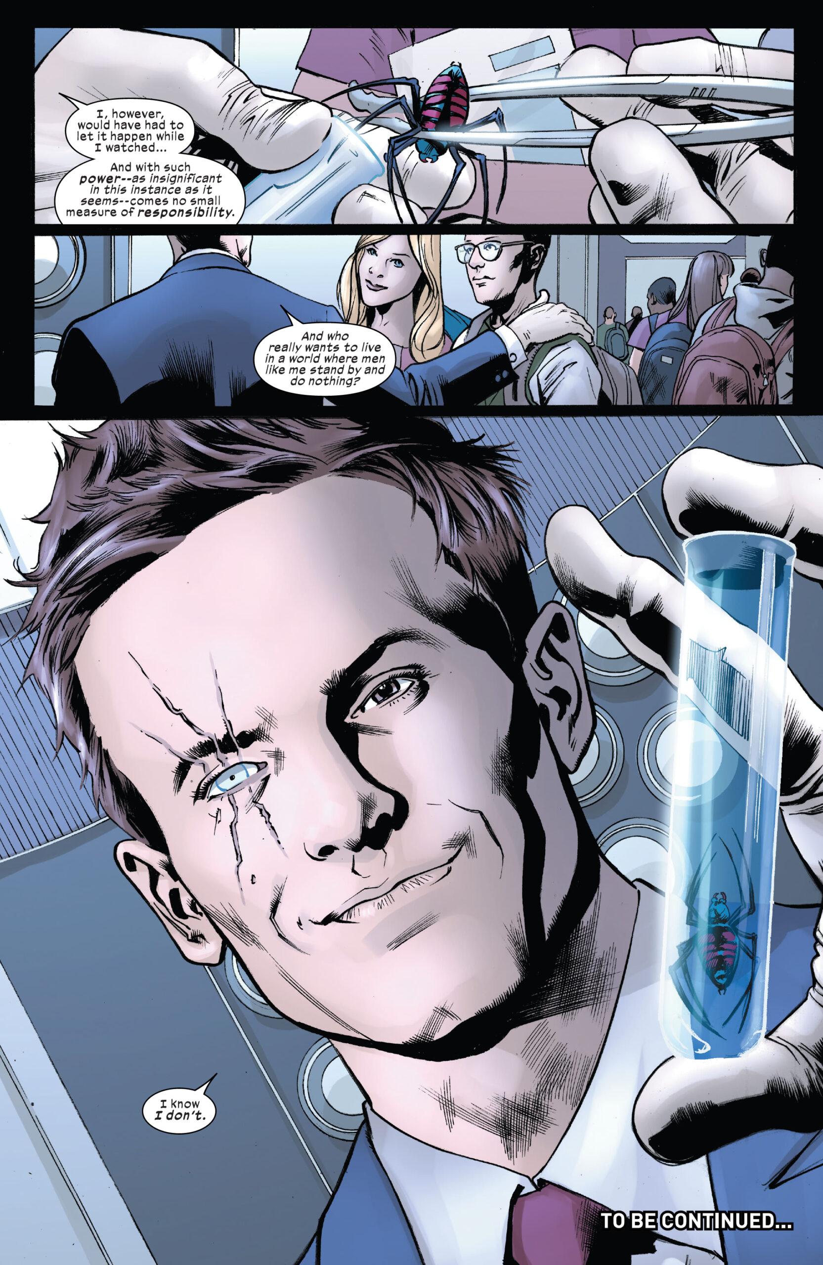 The Maker saves Peter Parker from a particularly nasty spider bite in Ultimate Invasion Vol. 1 #1 "Chapter One: Good Artists Copy" (2023), Marvel Comics. Words by Jonathan Hickman, art by Bryan Hitch, Andrew Currie, Alex Sinclair, and Joe Caramagna.