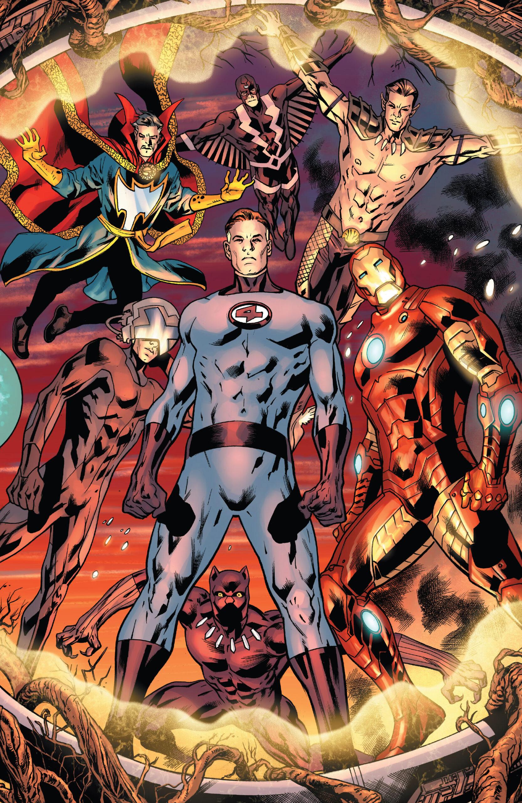 The Illuminati looks on as the The Maker escapes back to the 1610 in Ultimate Invasion Vol. 1 #1 "Chapter One: Good Artists Copy" (2023), Marvel Comics. Words by Jonathan Hickman, art by Bryan Hitch, Andrew Currie, Alex Sinclair, and Joe Caramagna.