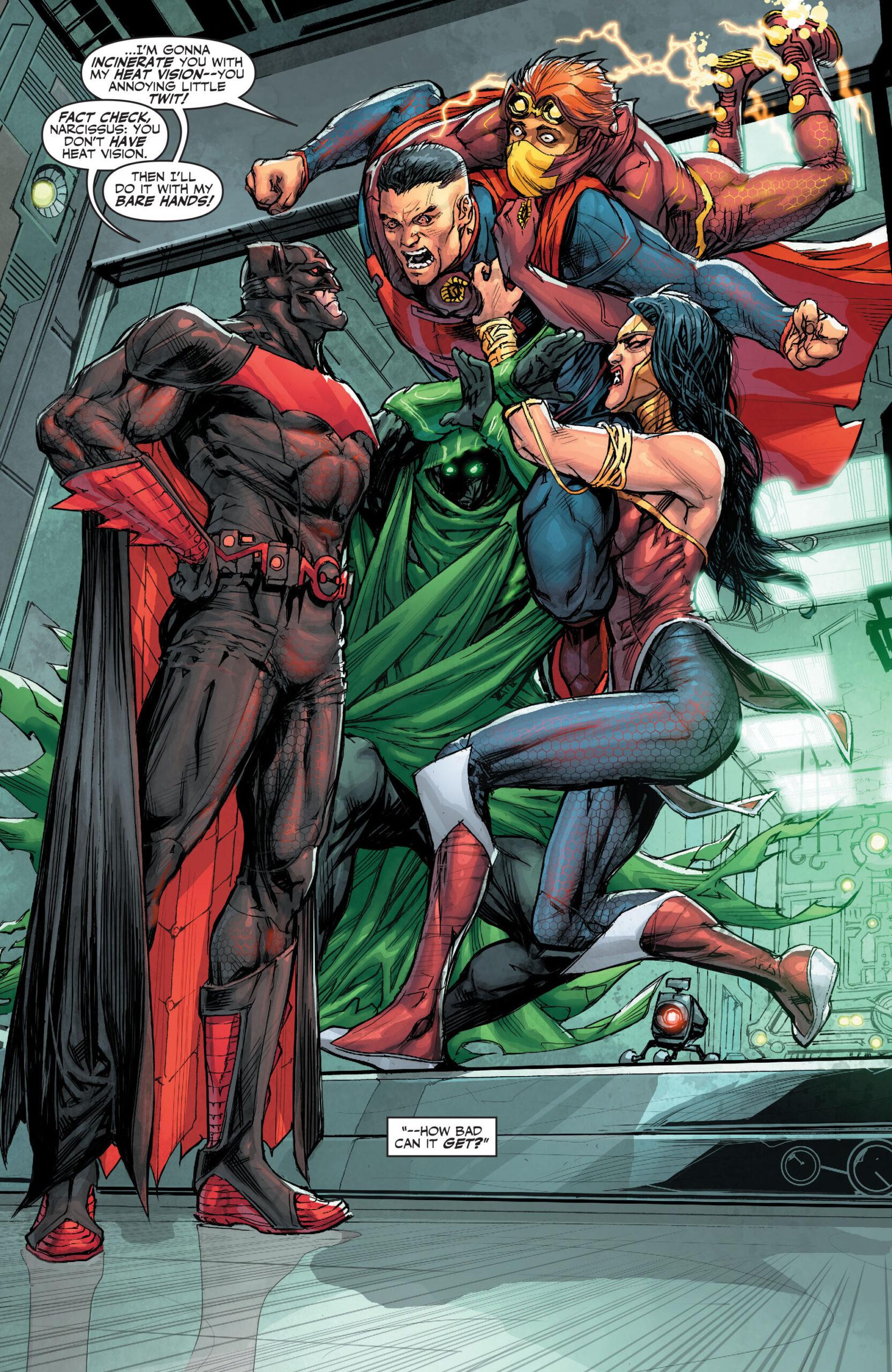 The newly minted clones of the titular team experience some teamwork issues in Justice League 3000 Vol. 1 #1 "Yesterday Lives!" (2014), DC. Words by Keith Giffen and J.M. DeMatteis, art by Howard Porter, Hi-Fi Design, and Sal Cipriano.