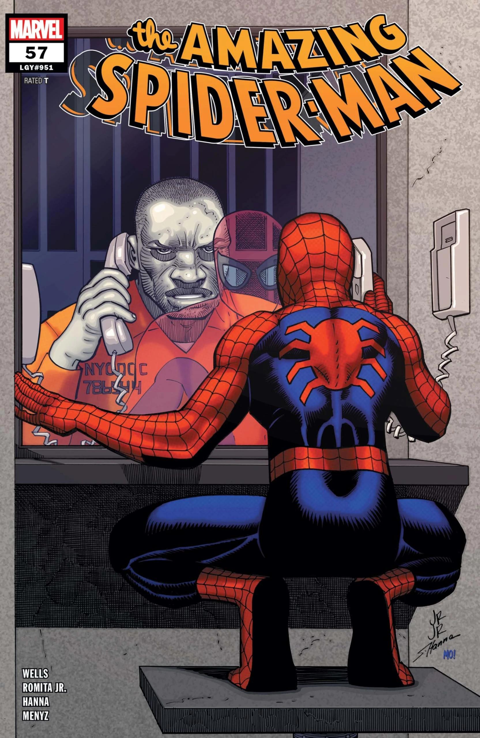 Spider-Man has a jailhouse call with Tombstone on John Romita Jr., Scott Hanna and Morry Hollowell's cover to Amazing Spider-Man Vol. 6 #57 (2024), Marvel Comics
