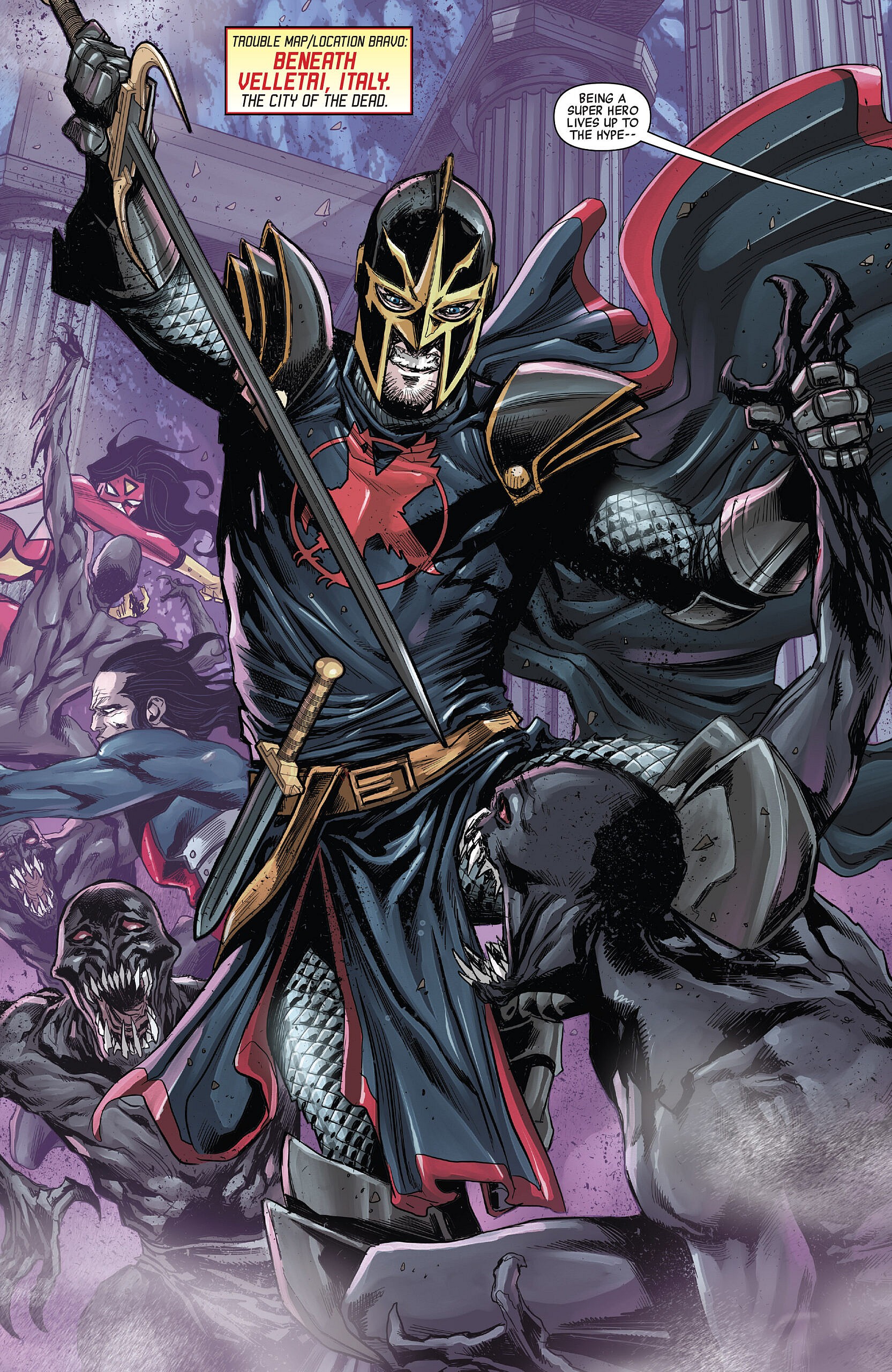 Dane Whitman leads Euroforce into battle in Avengers World Vol. 1 #12 (2014), Marvel Comics. Words by Nick Spencer, art by Marco Checchetto, Andres Mossa, and Joe Caramagna.