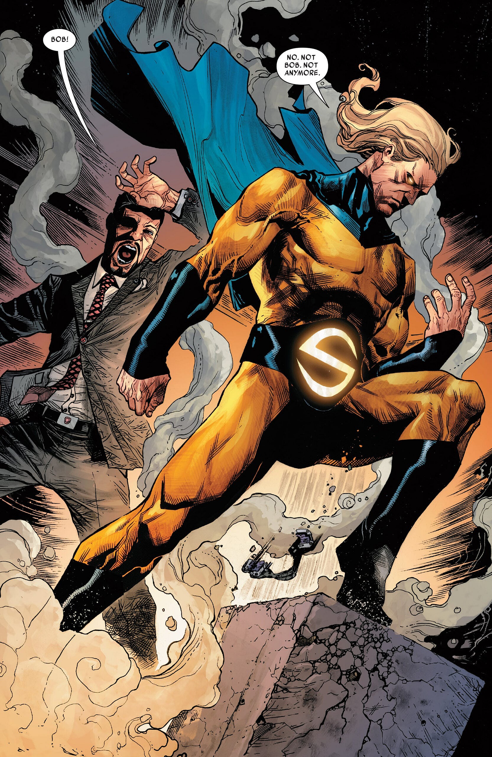 The Sentry returns to the real world in Sentry Vol. 3 #2 "Sentry World: Part 2 of 5" (2018), Marvel Comics. Words by Jeff Lemire, art by Kim Jacinto, Joshua Cassara, Rain Beredo, and Travis Lanham.