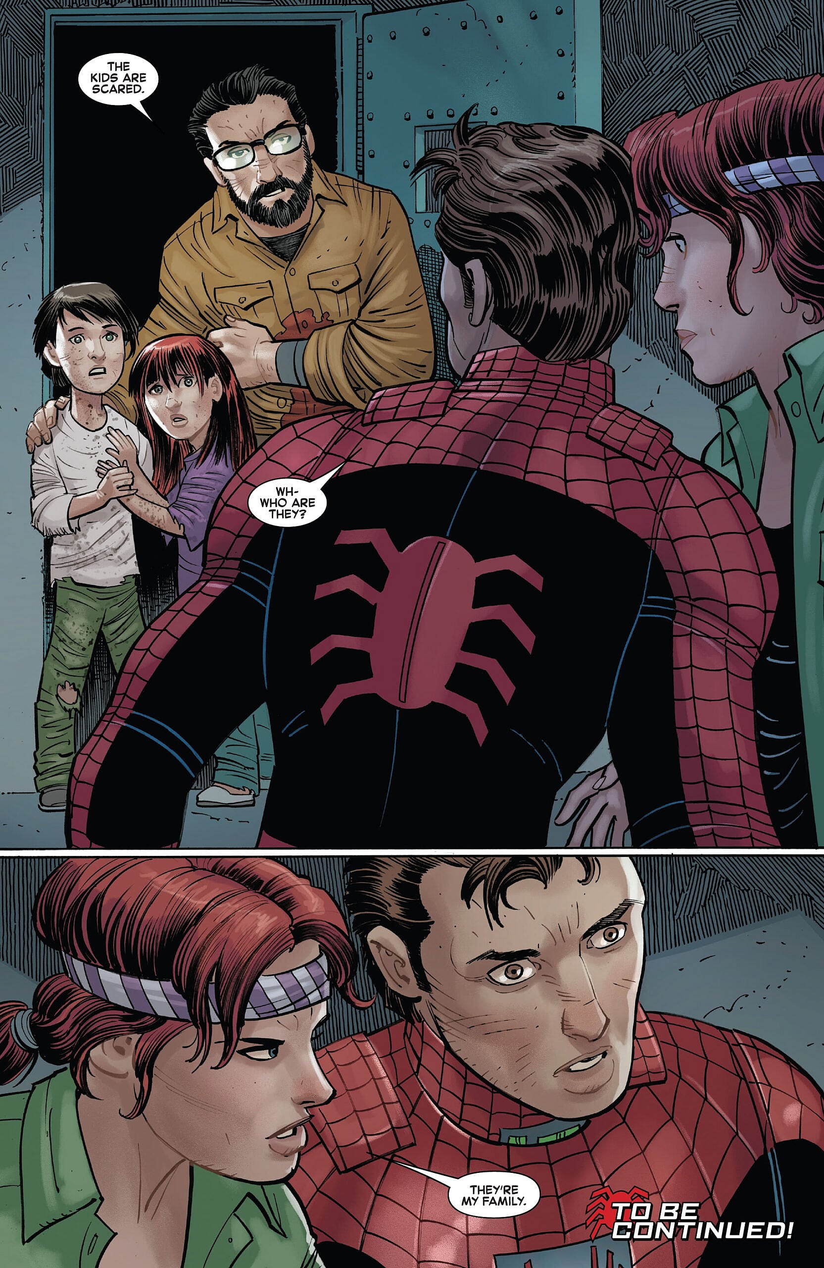 Mary-Jane Watson introduces Peter Parker to her new 'family' in Amazing Spider-Man Vol. 6 #24 (2023), Marvel Comics. Words by Zeb Wells, art by John Romita Jr., Scott Hana, Marcio Menyz, and Joe Caramagna.