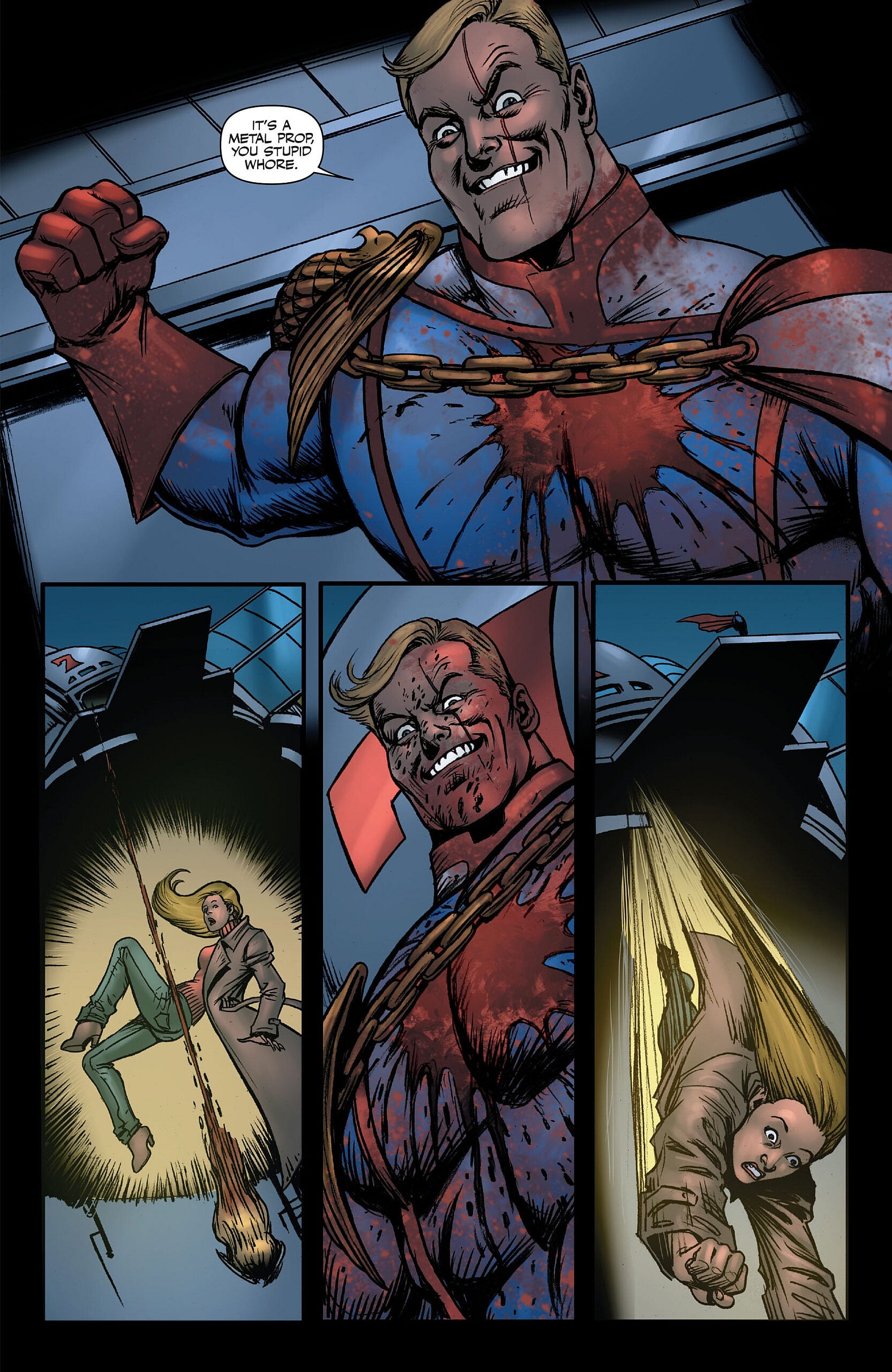 Homelander puts an end to Queen Maeve in The Boys Vol. 1 #63 "Over The Hill With The Swords Of A Thousand Men: Part Four" (2012), Dynamite Comics. Words by Garth Ennis, at by Russell Braun, Darick Robertson, Tony Aviña, and Simon Bowland.