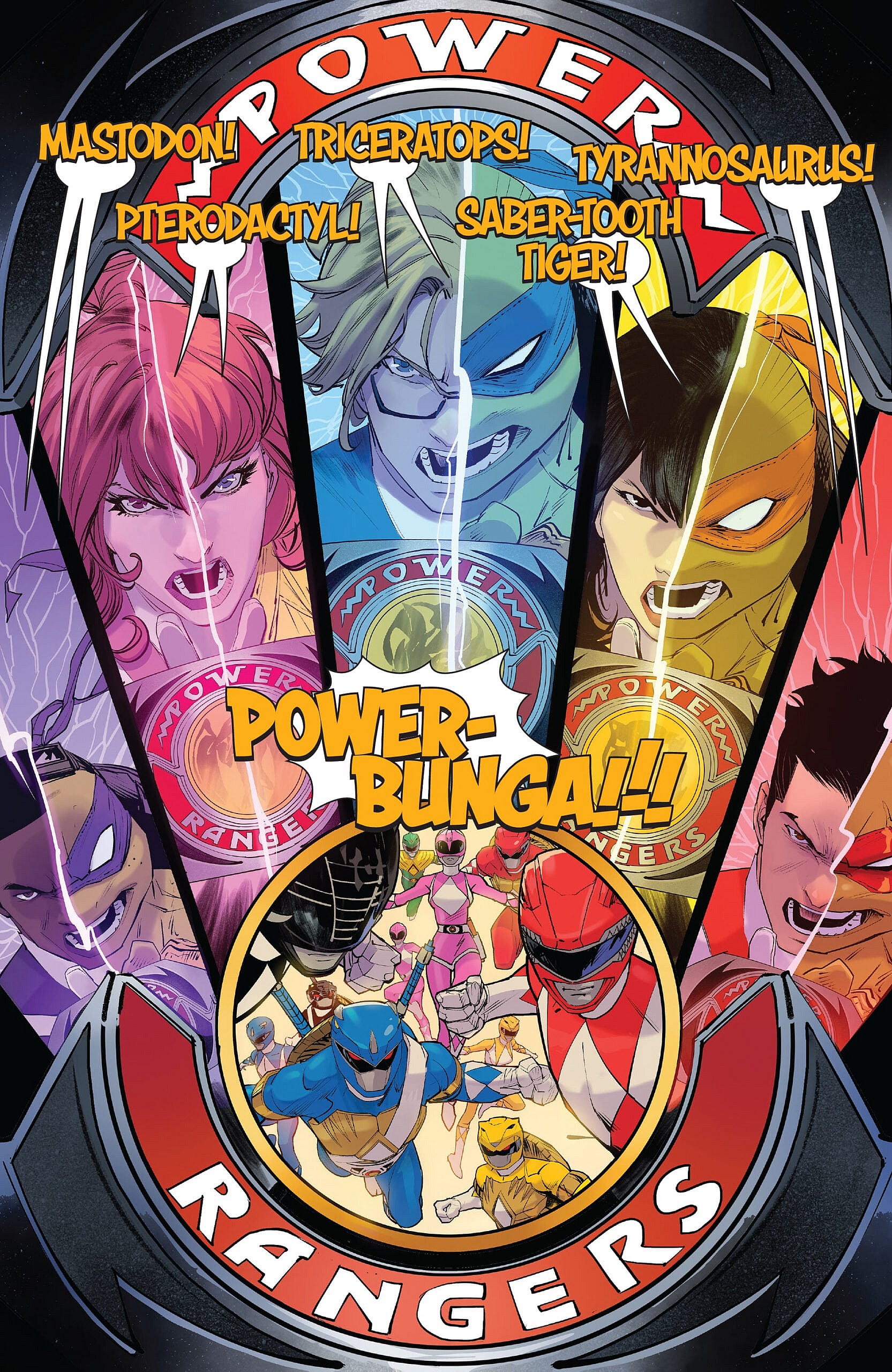 The two titular teams transform in Mighty Morphin Power Rangers/Teenage Mutant Ninja Turtles II Vol. 1 #3 (2023), BOOM! Studios/IDW Publishing. Words by Ryan Parrott, art by Dan Mora, Raul Angulo, and Ed Dukeshire.