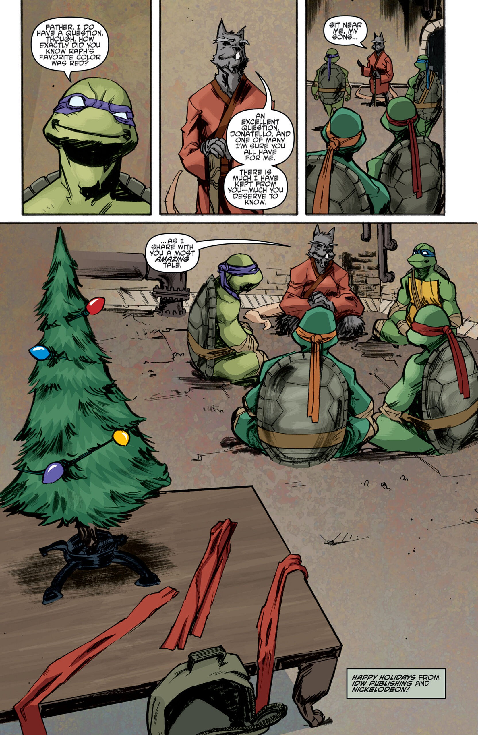 Splinter recalls his family's history to his sons in Teenage Mutant Ninja Turtles Vol. 1 #5 "Enemies Old, Enemies New: Prologue" (2011), IDW. Words by Kevin Eastman and Tom Waltz, art by Dan Duncan, Mateus Santolouco, Ronda Pattison, and Shawn Lee.