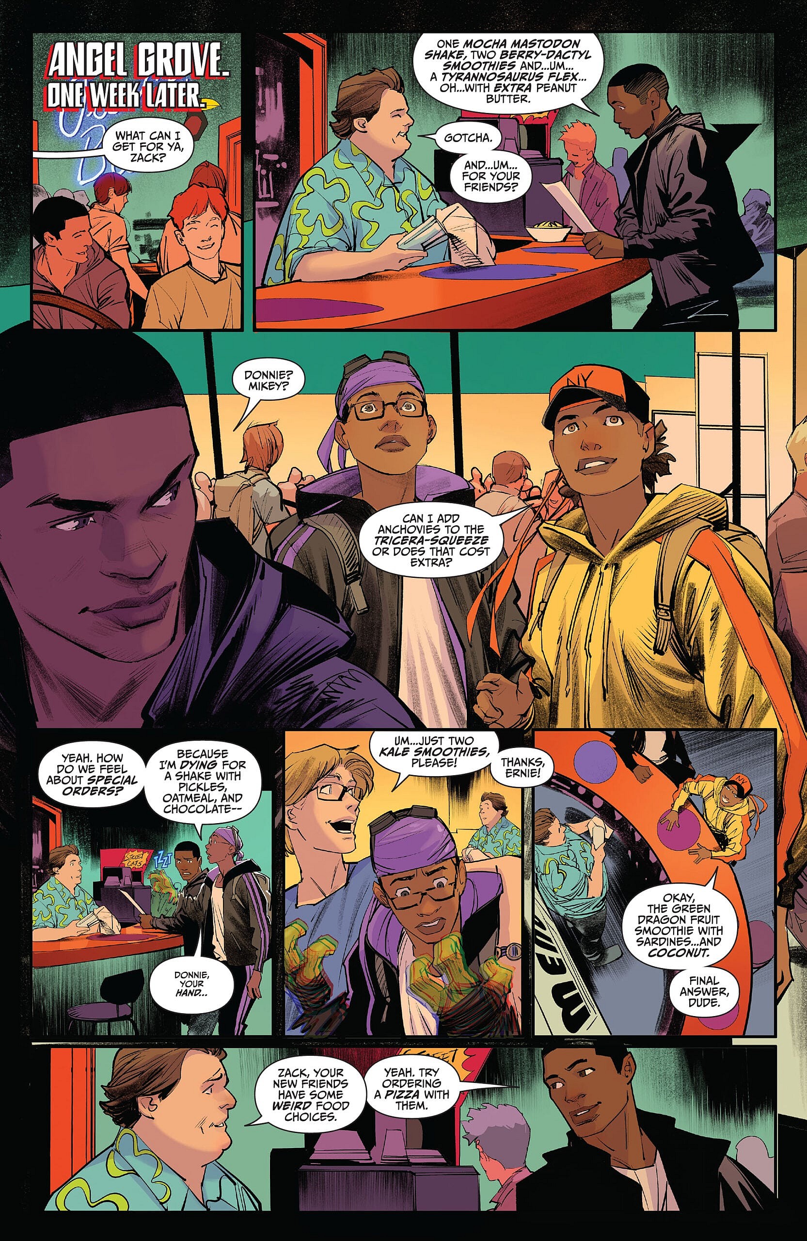 Donatello and Michelangelo visit Angel Grove's Zack Taylor in Mighty Morphin Power Rangers/Teenage Mutant Ninja Turtles II Vol. 1 #1 (2023), BOOM! Studios/IDW Publishing. Words by Ryan Parrott, art by Dan Mora, Raul Angulo, and Ed Dukeshire.