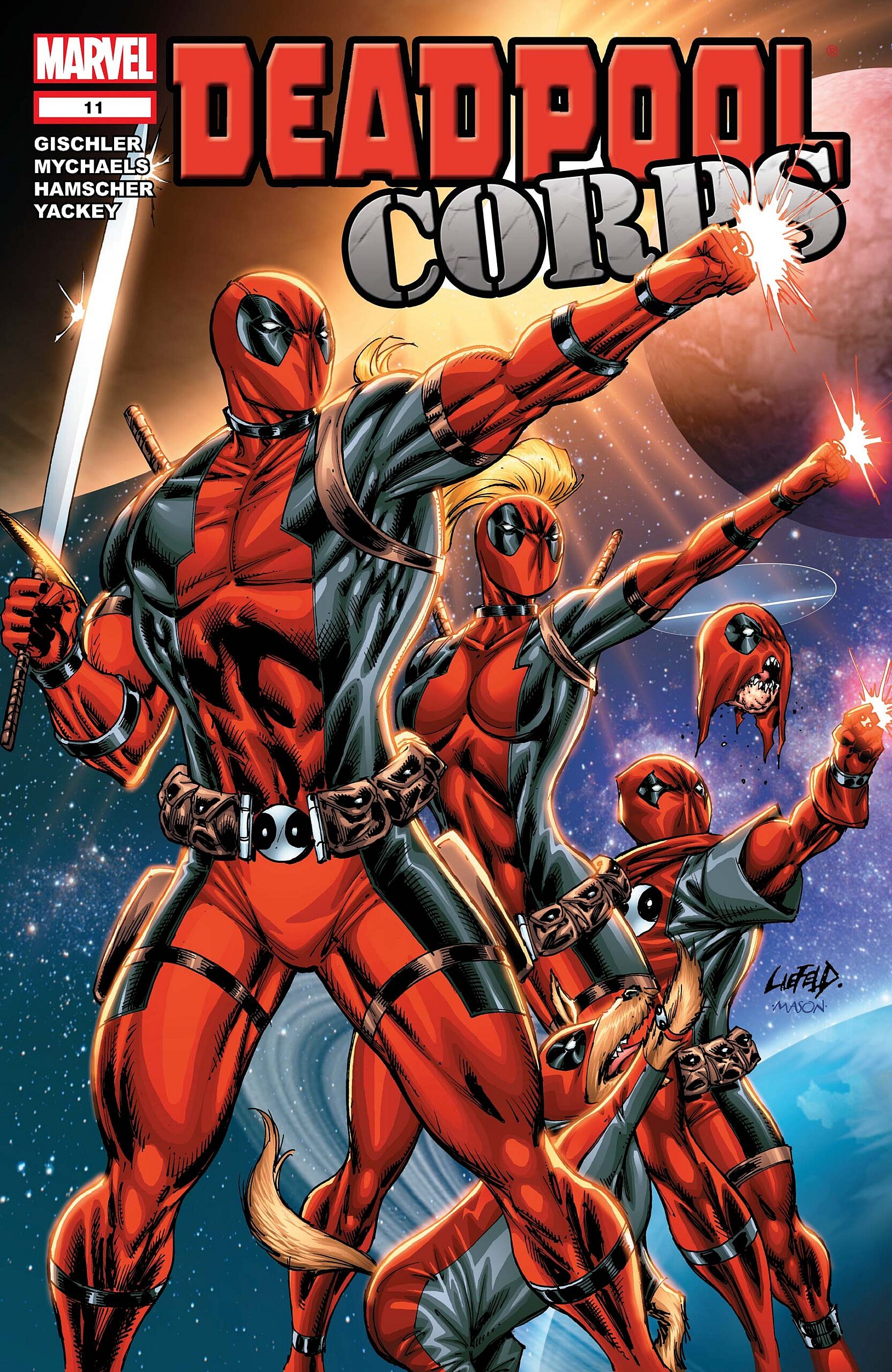 The Deadpool Corps stands assembled on Rob Liefeld and Thomas Mason's cover for Deadpool Corps Vol. 1 #11 (2011), Marvel Comics