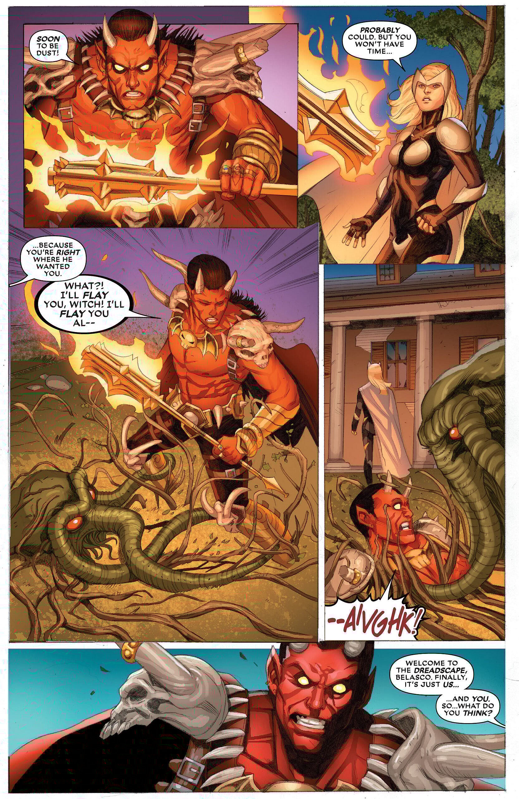 Jennifer Kale leaves the demon Belasco to Man-Thing's machinations in X-Men: Curse of the Man-Thing Vol. 1 #1 "Devils and Dark Rooms" (2021), Marvel Comics. Words by Steve Orlando, art by Andrea Broccardo, Guru-eFX, and Clayton Cowles.