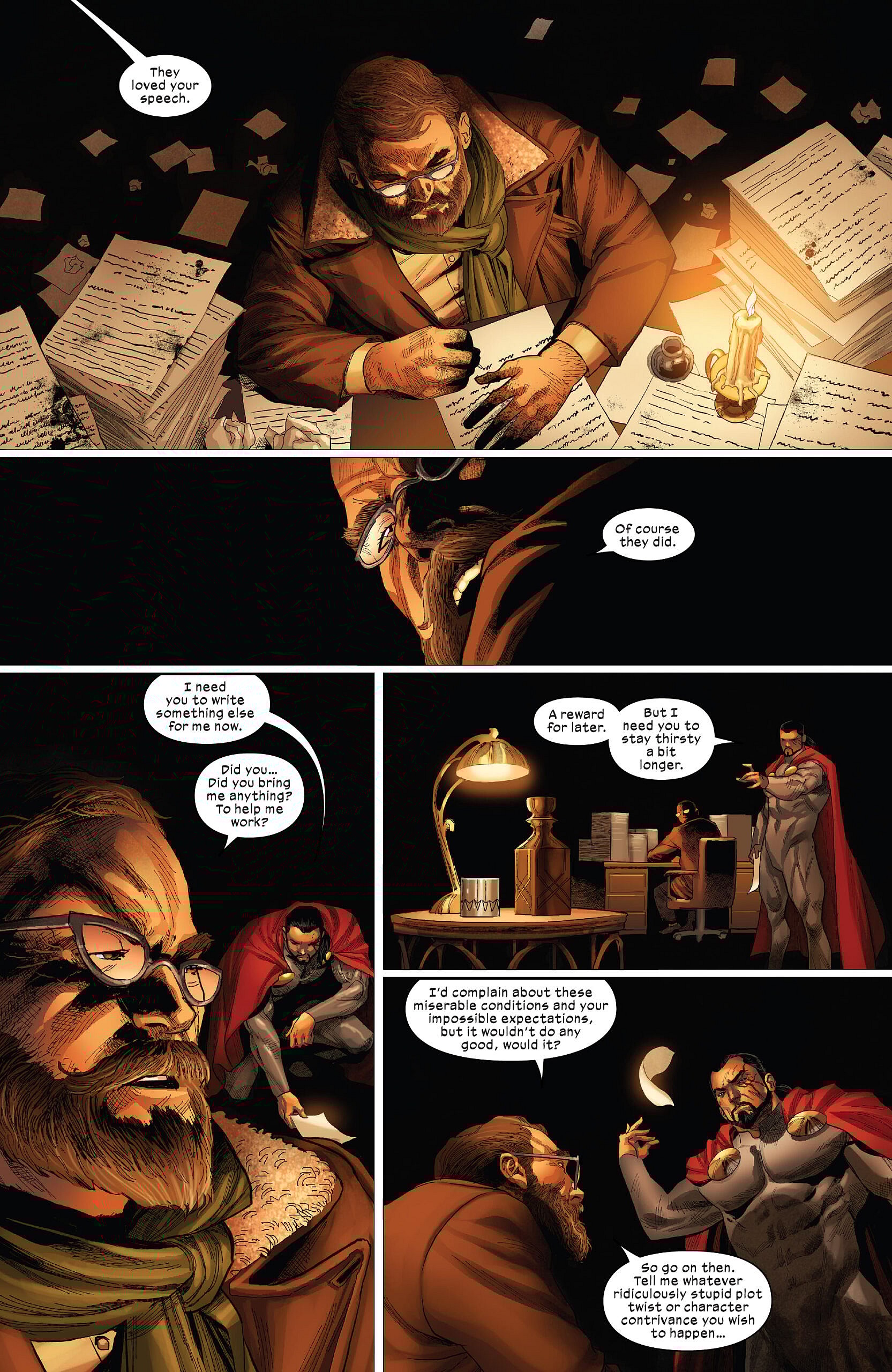 Mikhail Rasputin manipulates the mutant Chronicler into writing a new chapter in Colossus' life in X-Force Vol. 6 #24 "The Pen is Mightier than the Cerebro Sword" (2024), Marvel Comics. Words by Benjamin Percy, art by Martin Coccolo, Guru-eFX, and Joe Caramagna.