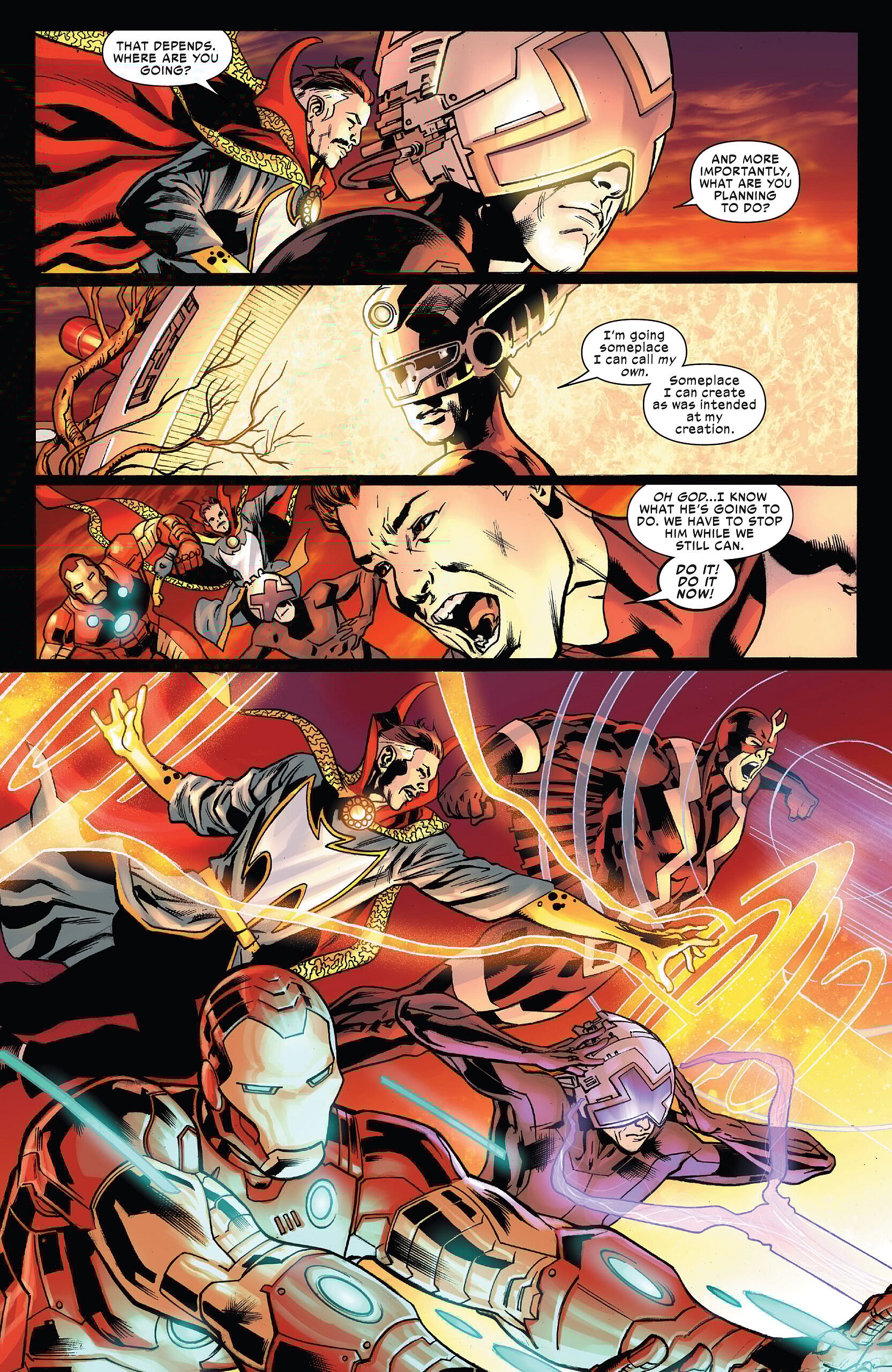 The Illuminati confronts The Maker in Ultimate Invasion Vol. 1 #1 "Chapter One: Good Artists Copy" (2023), Marvel Comics. Words by Jonathan Hickman, art by Bryan Hitch, Andrew Currie, Alex Sinclair, and Joe Caramagna.