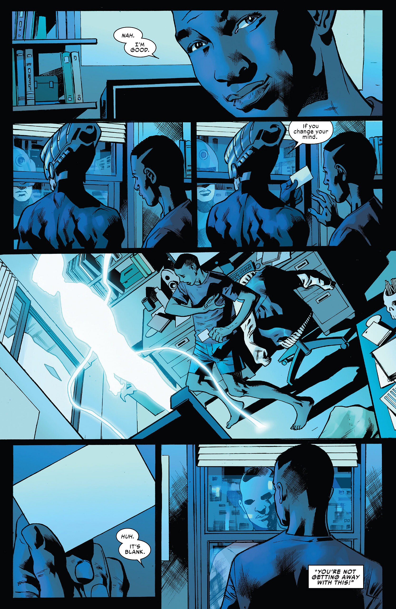 The Maker lets Miles Morales know that his offer to return home stands in perpetuity in Ultimate Invasion Vol. 1 #1 "Chapter One: Good Artists Copy" (2023), Marvel Comics. Words by Jonathan Hickman, art by Bryan Hitch, Andrew Currie, Alex Sinclair, and Joe Caramagna.