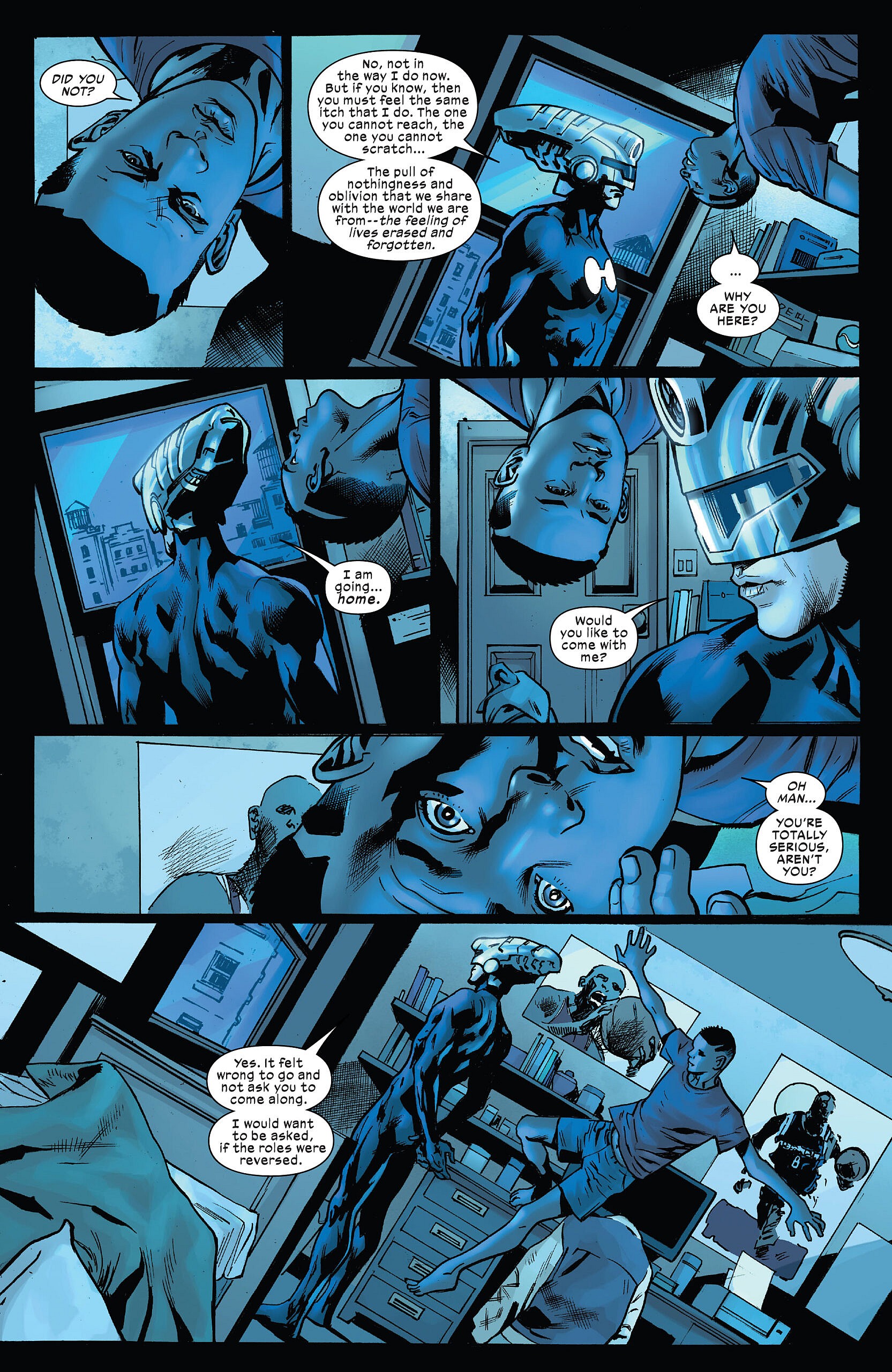 The Maker has an offer for Miles Morales in Ultimate Invasion Vol. 1 #1 "Chapter One: Good Artists Copy" (2023), Marvel Comics. Words by Jonathan Hickman, art by Bryan Hitch, Andrew Currie, Alex Sinclair, and Joe Caramagna.