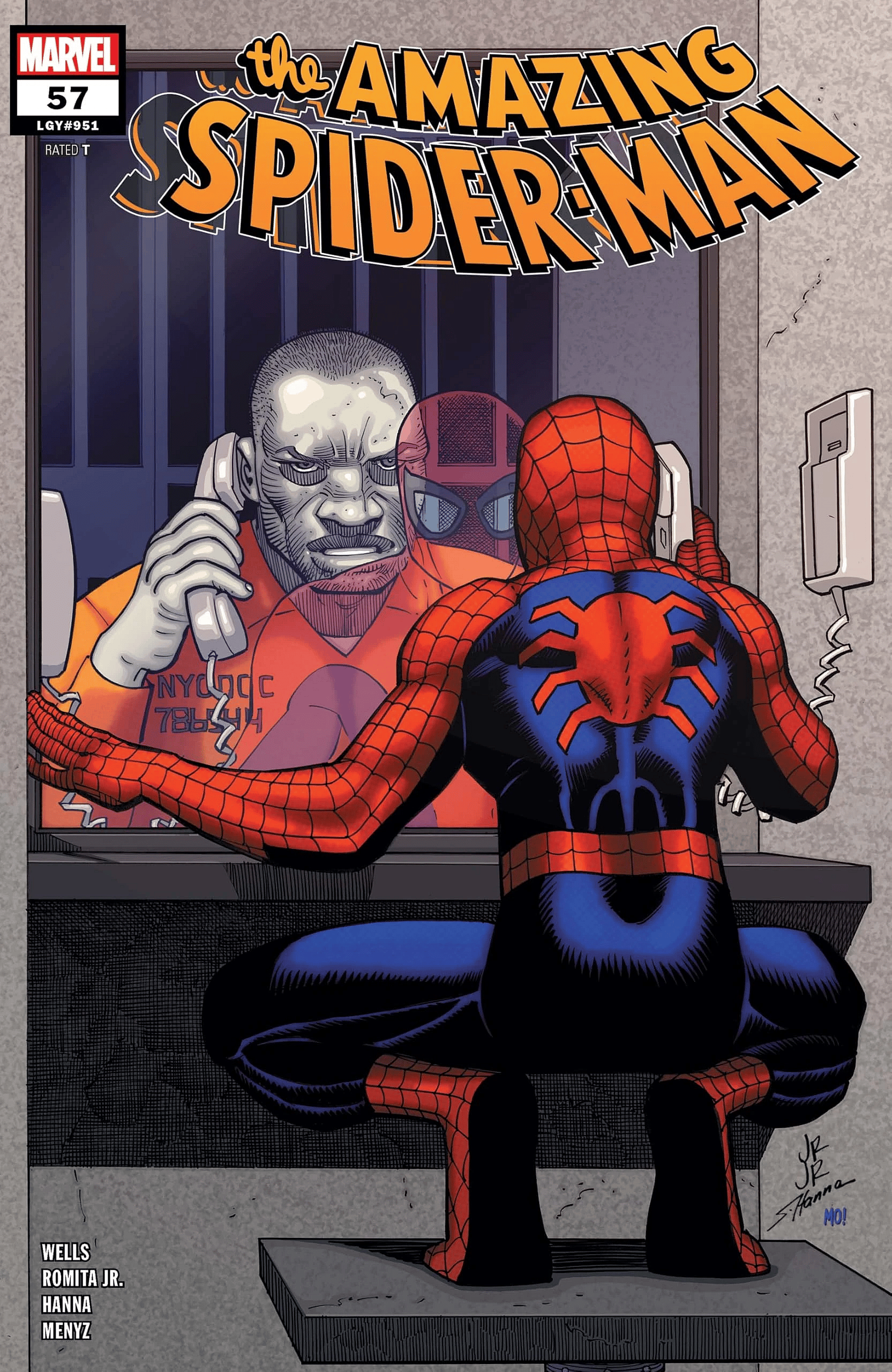 Spider-Man has a jailhouse call with Tombstone on John Romita Jr., Scott Hanna and Morry Hollowell's cover to Amazing Spider-Man Vol. 6 #57 (2024), Marvel Comics