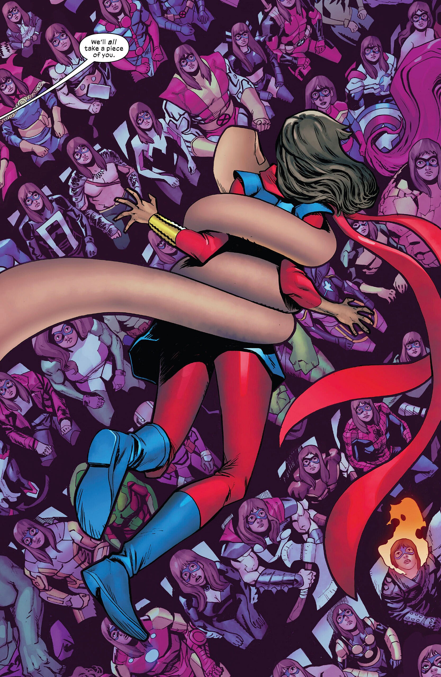 Kamala Khan is unsure of her own identity in Ms. Marvel: The New Mutant Vol. 1 #1 "The New Normal" (2023), Marvel Comics. Words by Iman Vellani and Sabir Pirzada, art by Carlos Gómez, Adam Gorham, Erick Arciniega, and Joe Caramagna.