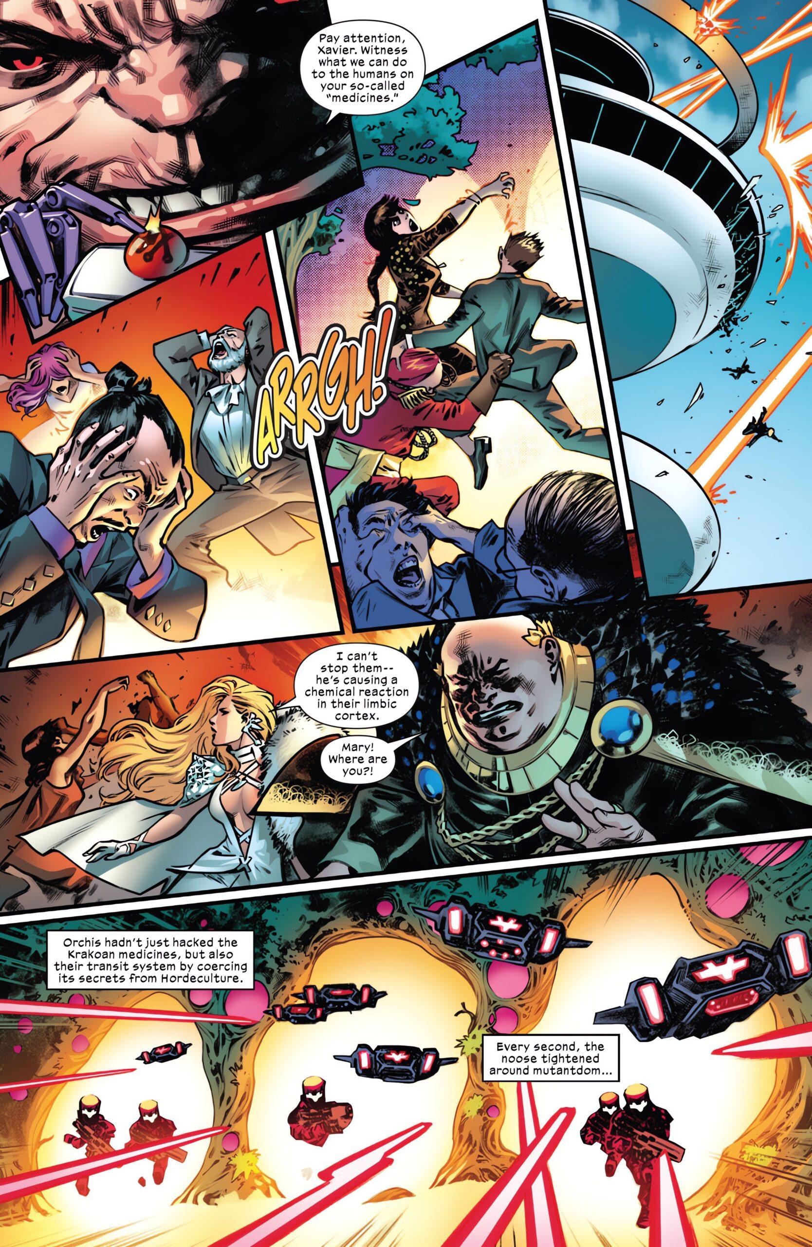 The Krakoan Era begins to fall apart in X-Men: Hellfire Gala 2023 Vol. 1 #1 (2023), Marvel Comics. Words by Gerry Duggan, art by Adam Kubert, Luciano, Vecchio, Matteo Lolli, Russell Dauterman, Javier Pina, R.B. Silva, Joshua Cassara, Kris Anka, Pepe Larraz, Rain Beredo, Ceci De La Cruz, Matthew Wilson, Erick Arciniegaand Marte Gracia.