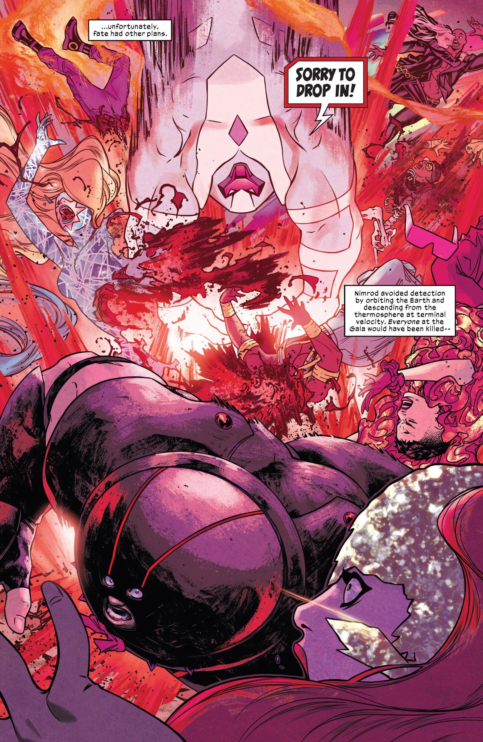 Nimrod obliterates the newly-crowned X-Men team in X-Men: Hellfire Gala 2023 Vol. 1 #1 (2023), Marvel Comics. Words by Gerry Duggan, art by Adam Kubert, Luciano, Vecchio, Matteo Lolli, Russell Dauterman, Javier Pina, R.B. Silva, Joshua Cassara, Kris Anka, Pepe Larraz, Rain Beredo, Ceci De La Cruz, Matthew Wilson, Erick Arciniegaand Marte Gracia.