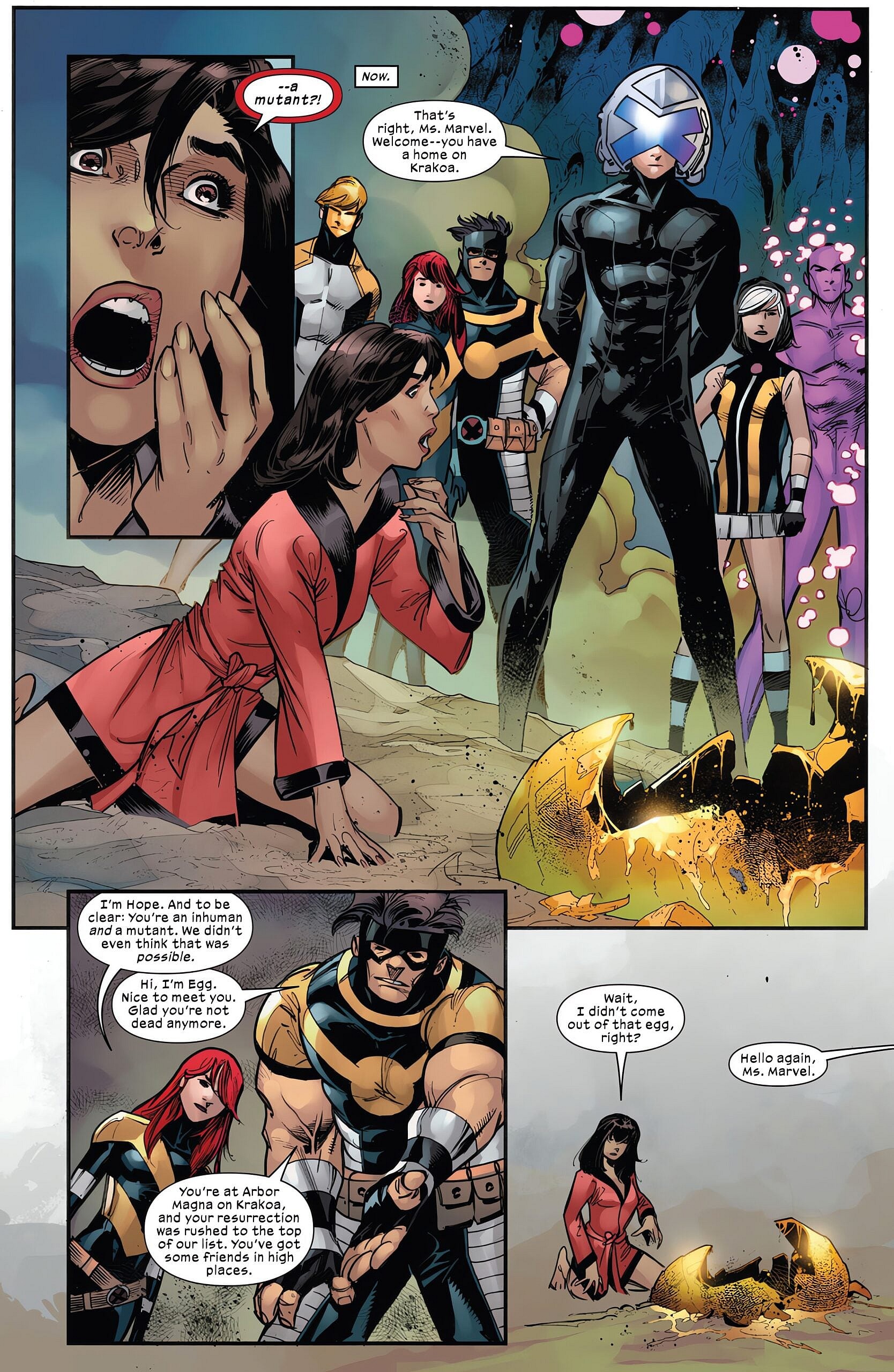 Kamala Khan is brought back to life by Krakoan technology in X-Men: The Hellfire Gala 2023 Vol. 1 #1 (2023), Marvel Comics. Words by Gerry Duggan, art by Adam Kubert, Luciano Vecchio, Matteo Lolli, Russell Dauterman Javier Pina ,R.B. Silva Joshua Cassara, Kris Anka Pepe Larraz, Rain Beredo, Ceci De La Cruz, Matthew Wilson, Erick Arciniega, and Marte Gracia.
