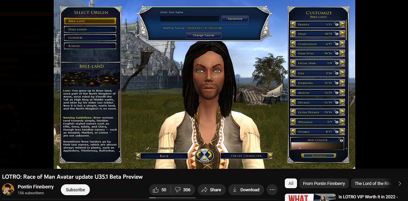 A YouTuber suffers a large number of dislikes on their video, showcasing the changes coming to character creation in The Lord of the Rings Online via Pontin Finnberry, YouTube