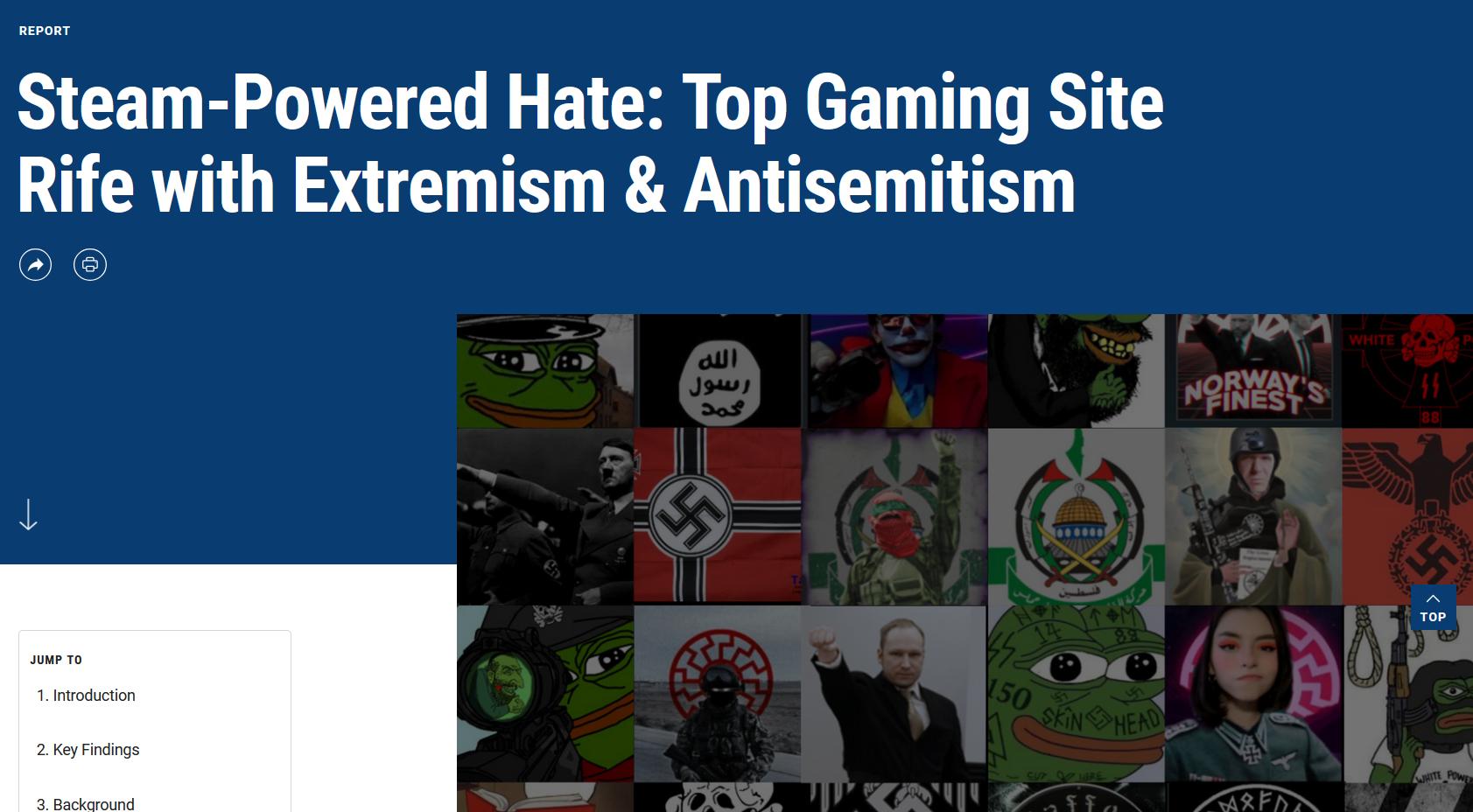 The start of the report, featuring images of Pepe the Frog, hate symbols, and mass killers "Steam in Steam-Powered Hate: Top Gaming Site Rife with Extremism & Antisemitism" (2024), ADL