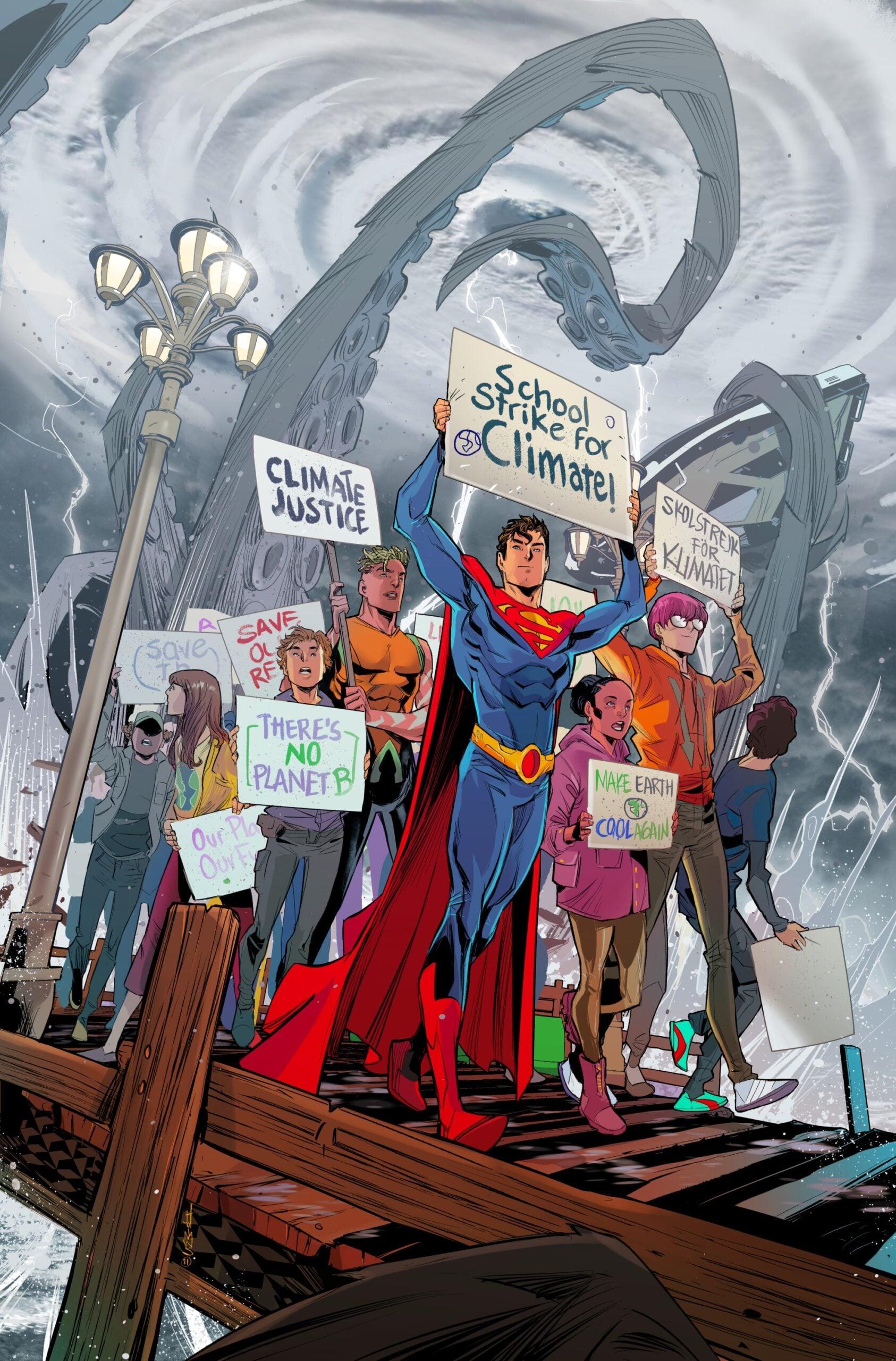 Jon Kent and Jackson Hyde protest climate change on Jon Timms' cover to Superman: Son of Kal-El #7 "The Rising, Part 1" (2022), DC Comics.