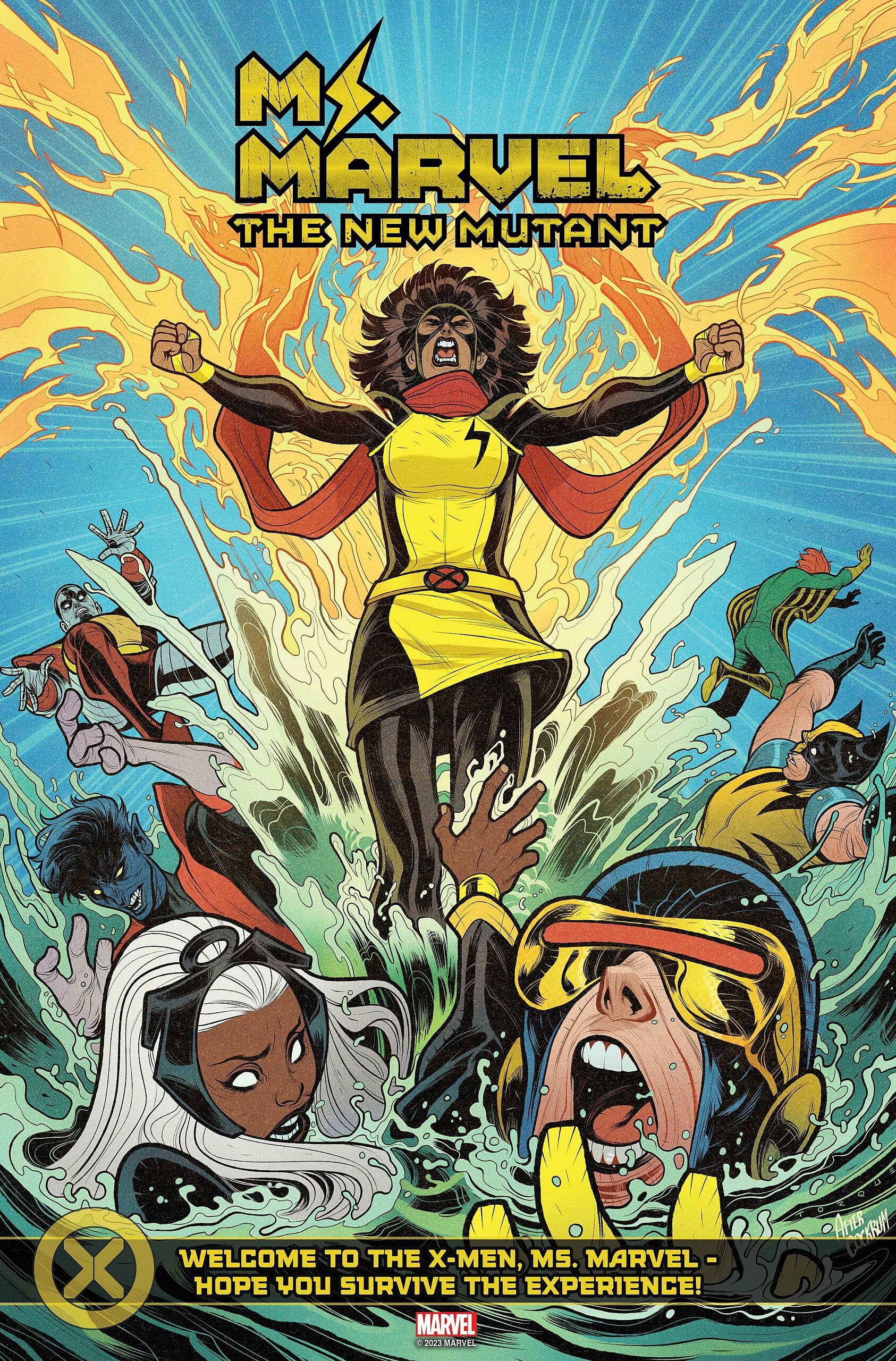 Ms. Marvel does her best Phoenix impression on Elizabeth Torque's homage variant cover to Ms. Marvel: The First Mutant Vol. 1 #1 (2023), Marvel Comics