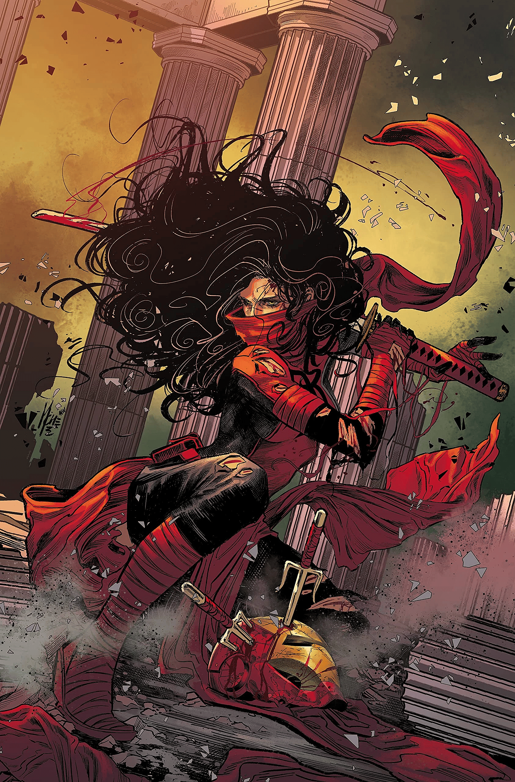 Elektra stands defiant against Iron Man on Marco Checchetto and Matthew Wilson's cover to Daredevil Vol. 7 #6 "The Red Fist Saga, Part 6" (2022), Marvel Comics