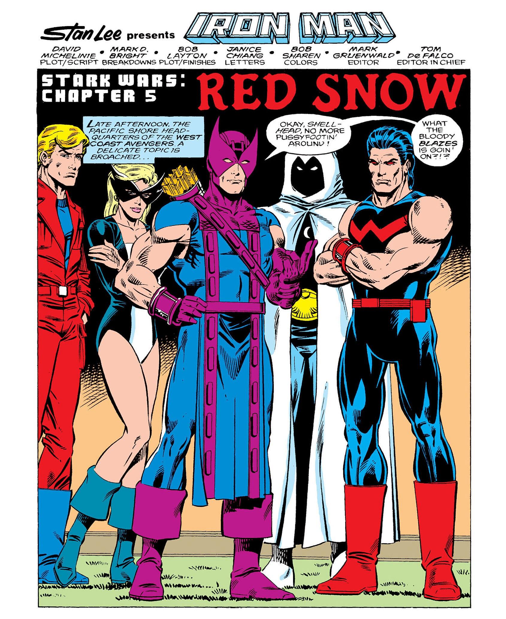 The Avengers have words with Tony Stark in Iron Man Vol. 1 #229 "Stark Wars, Chapter V: Red Snow"